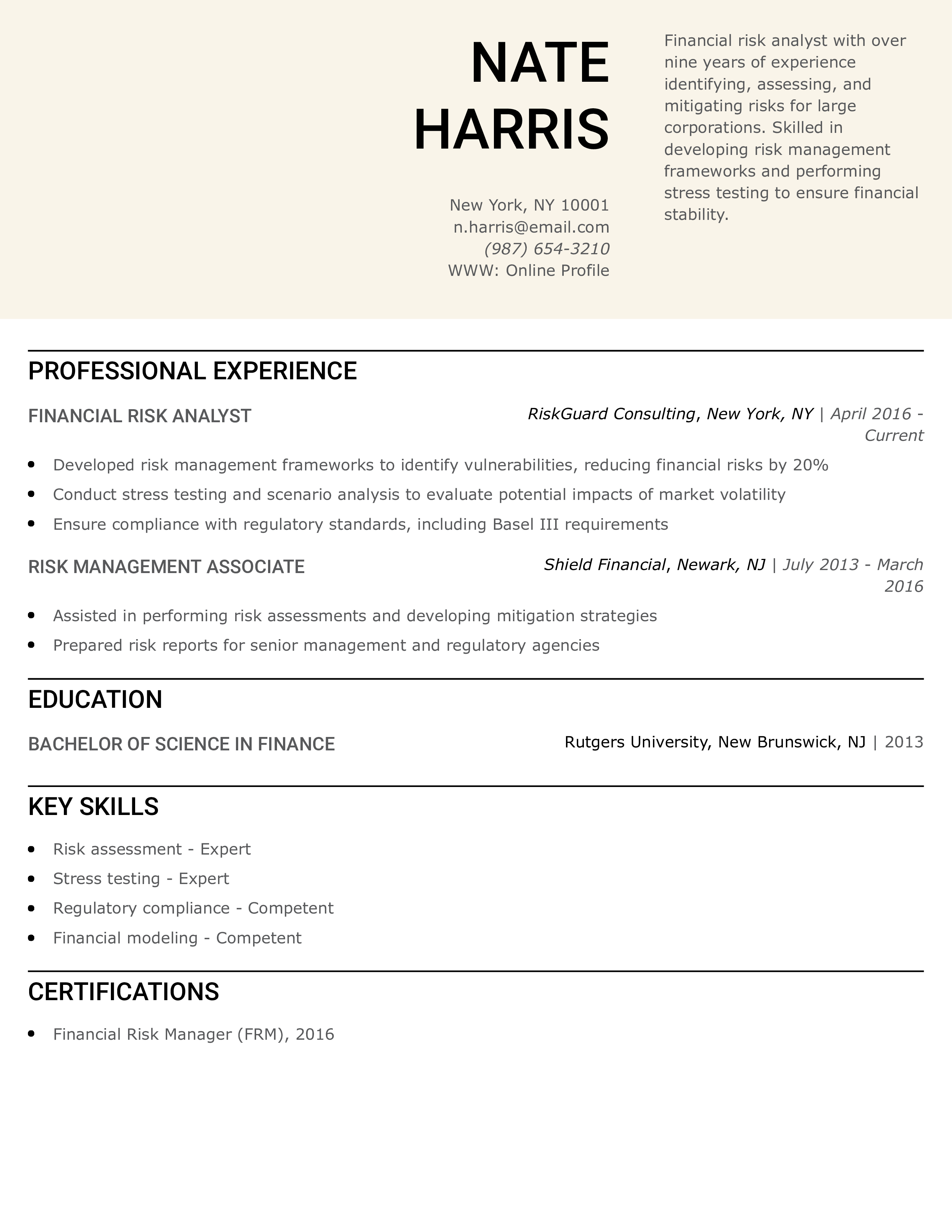 Financial Risk Analyst Resume