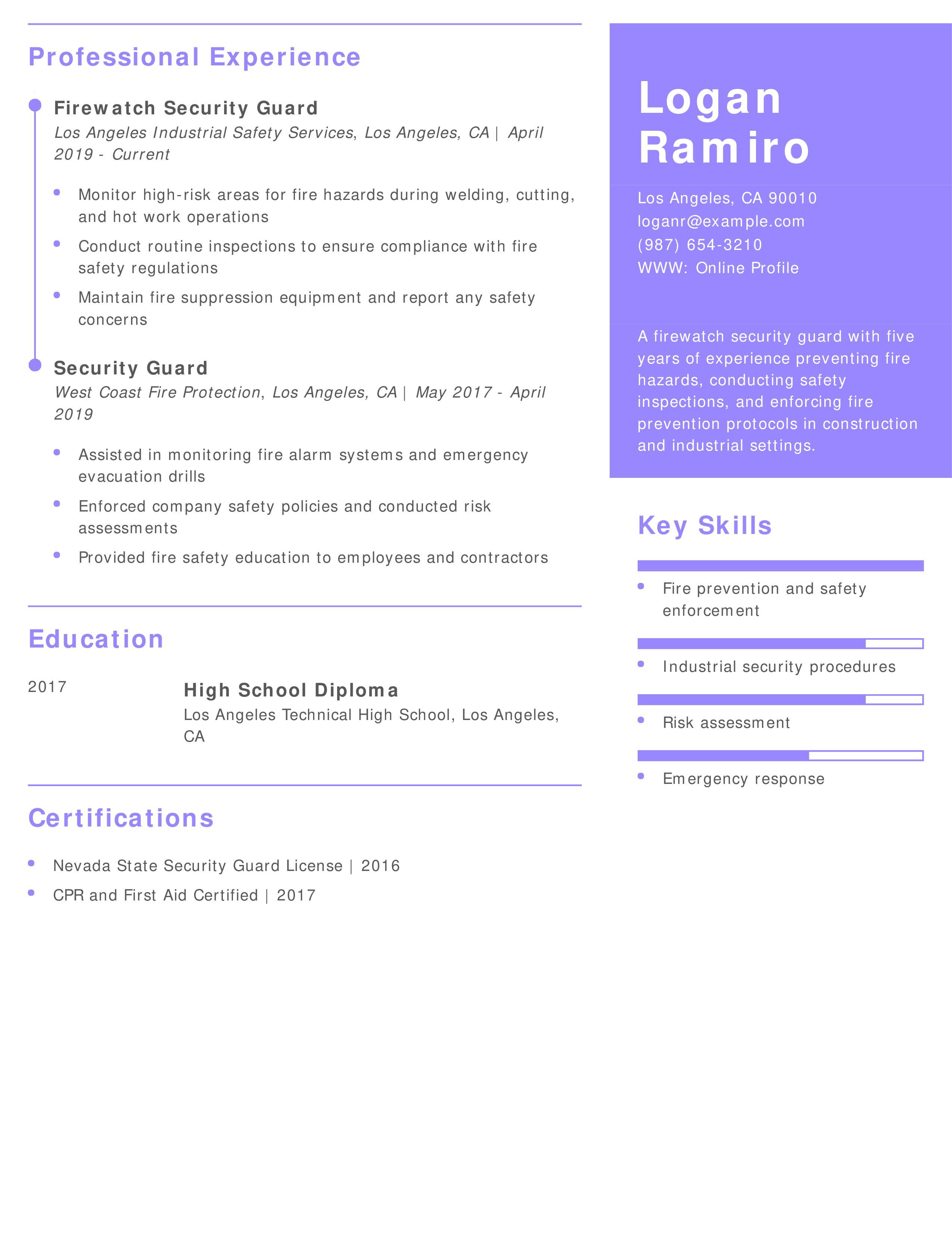 Firewatch Security Guard Resume