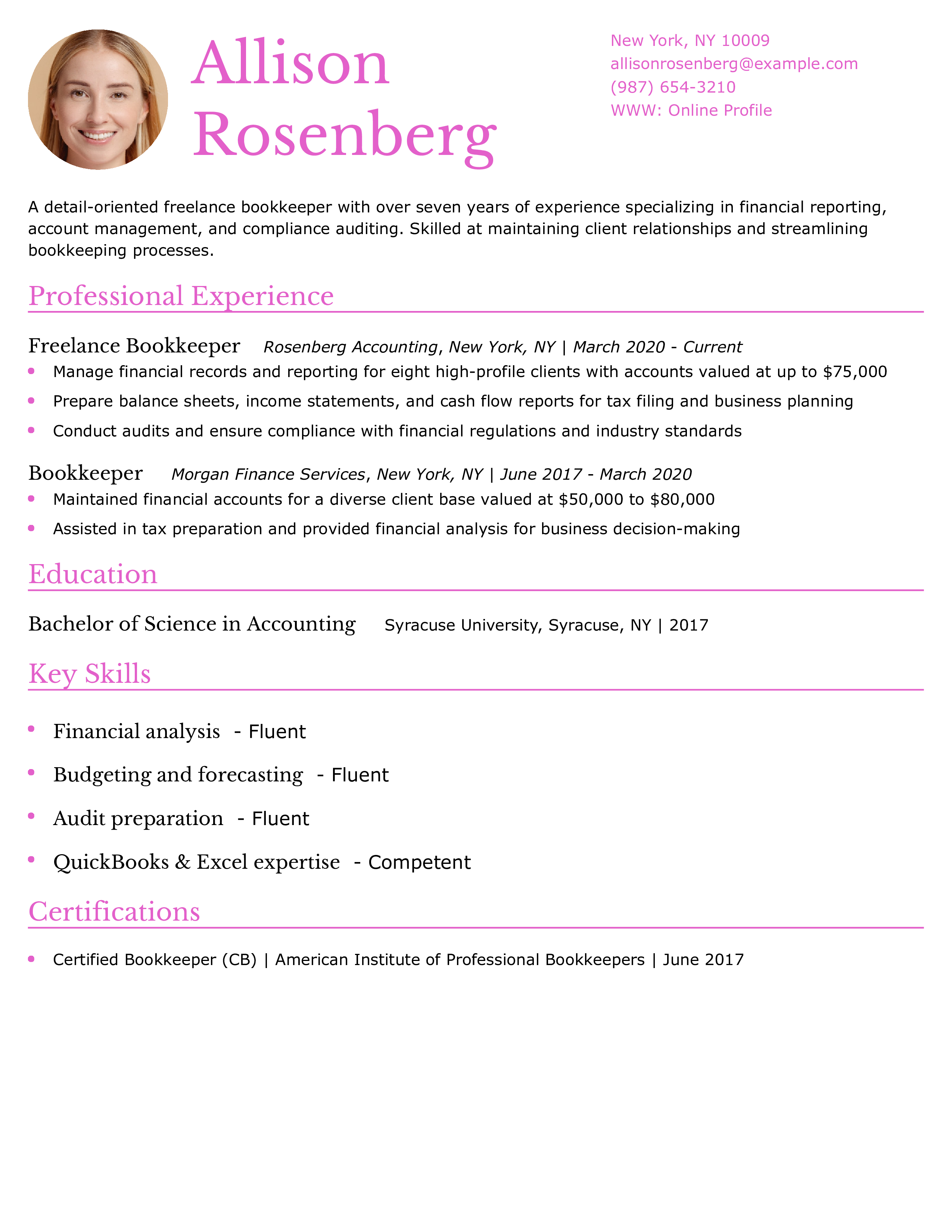 Freelance Bookkeeper Resume
