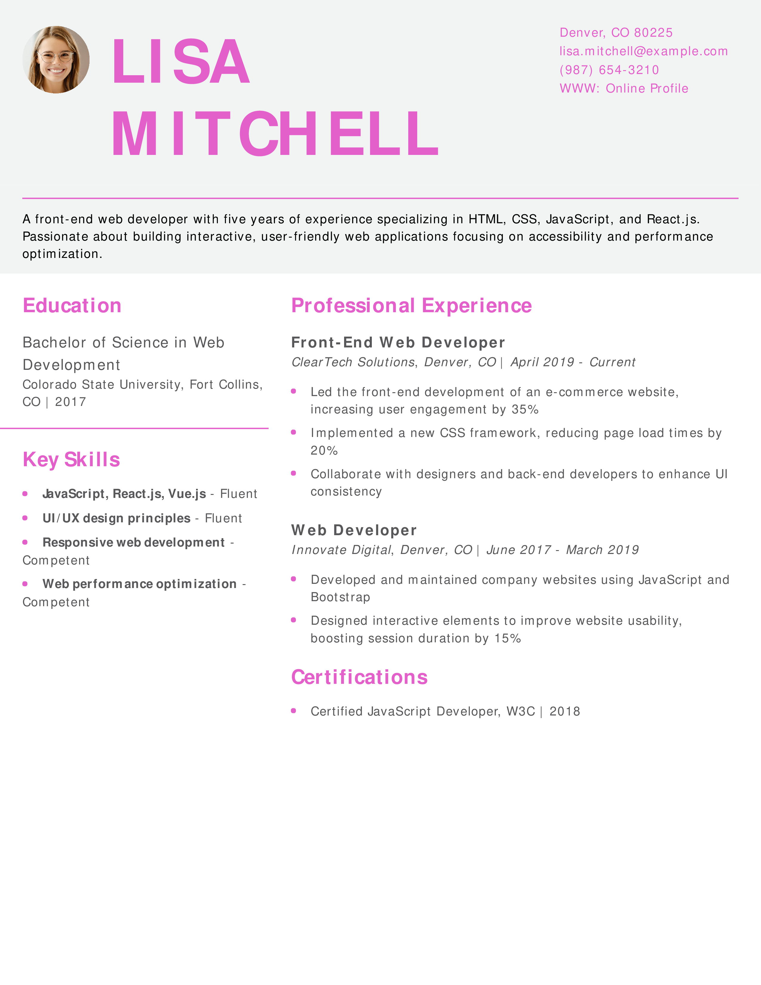 Front-End Web Developer Resume