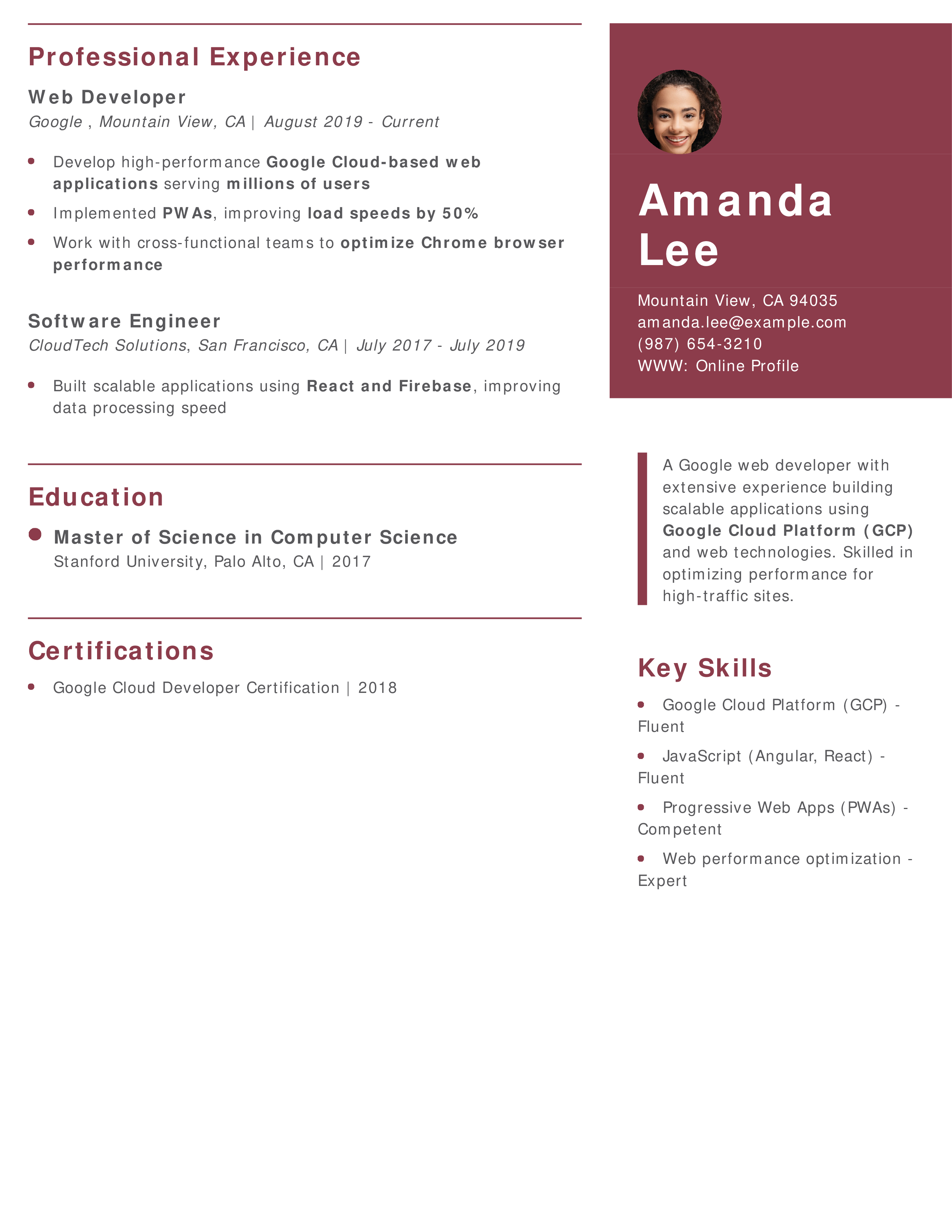 Google Web Developer Resume