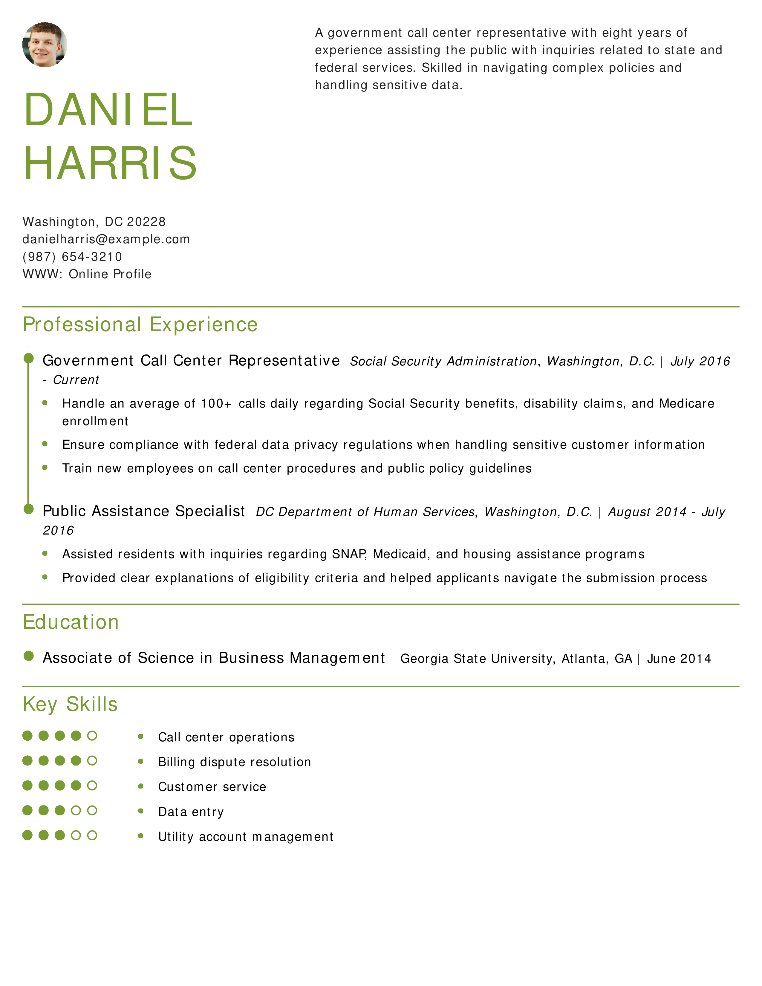 Government Call Center Representative Resume