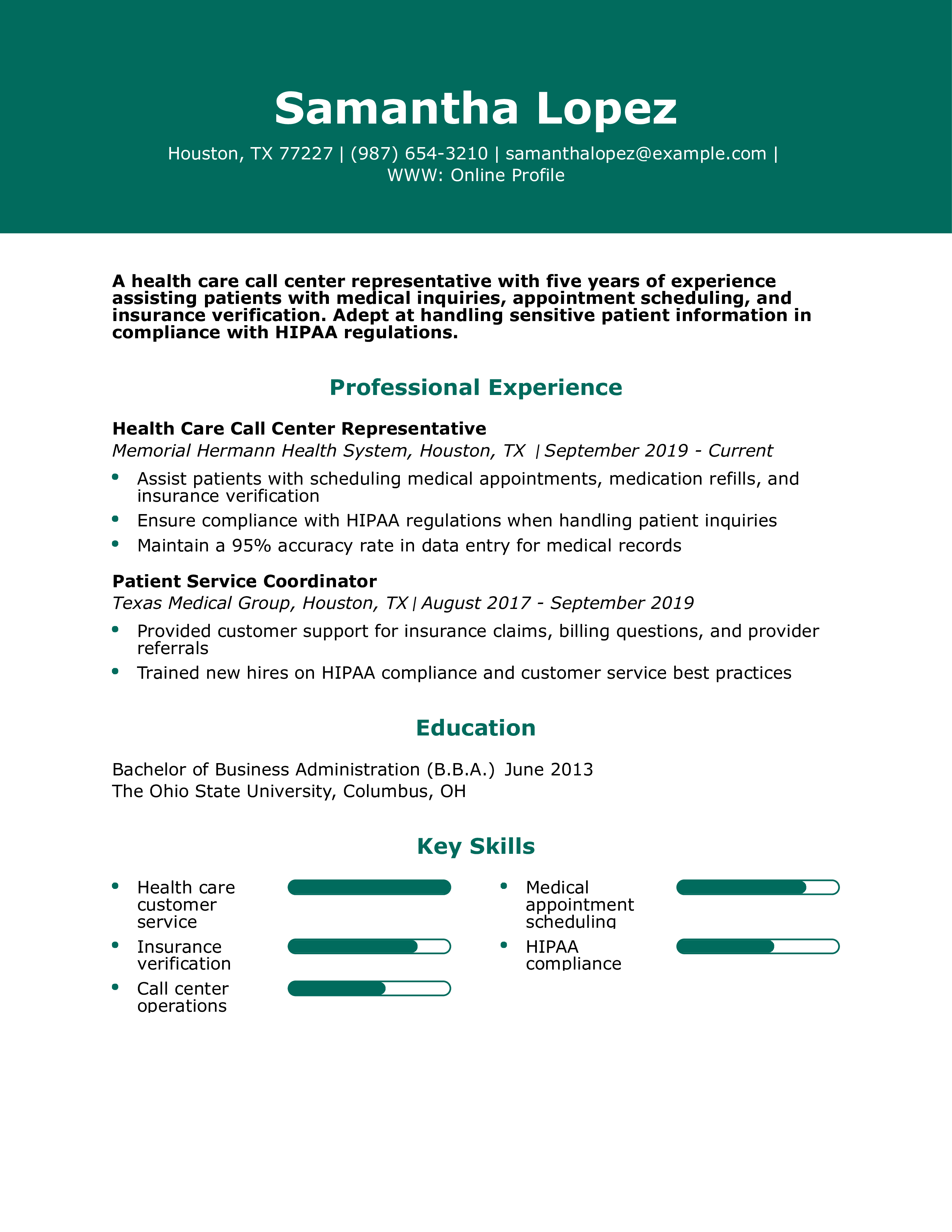 Health Care Call Center Representative Resume