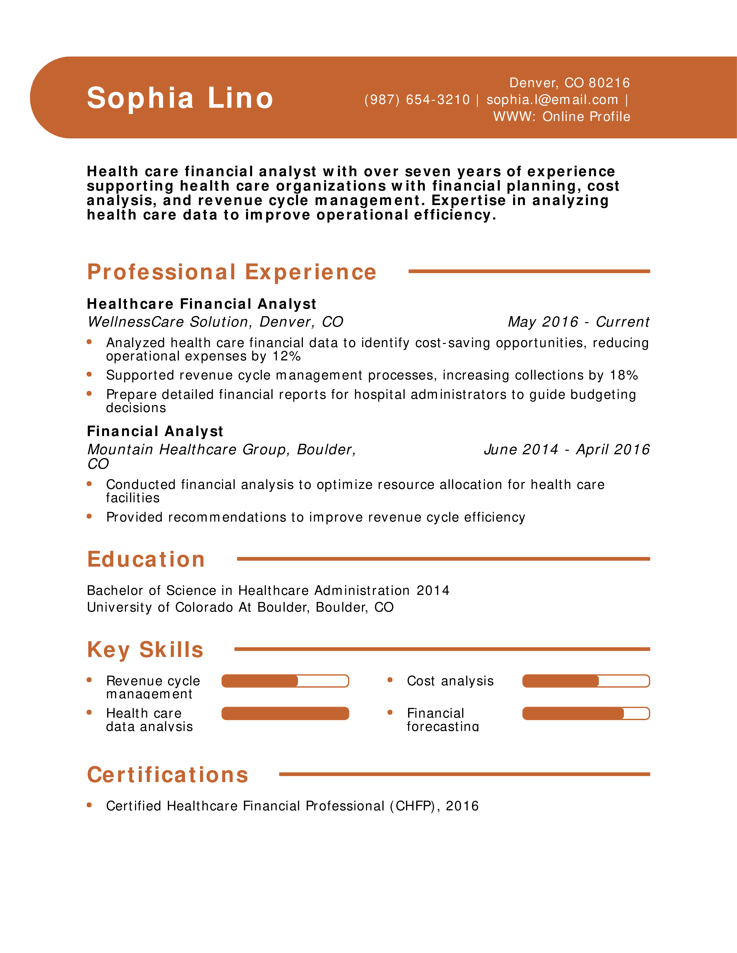 Health Care Financial Analyst Resume