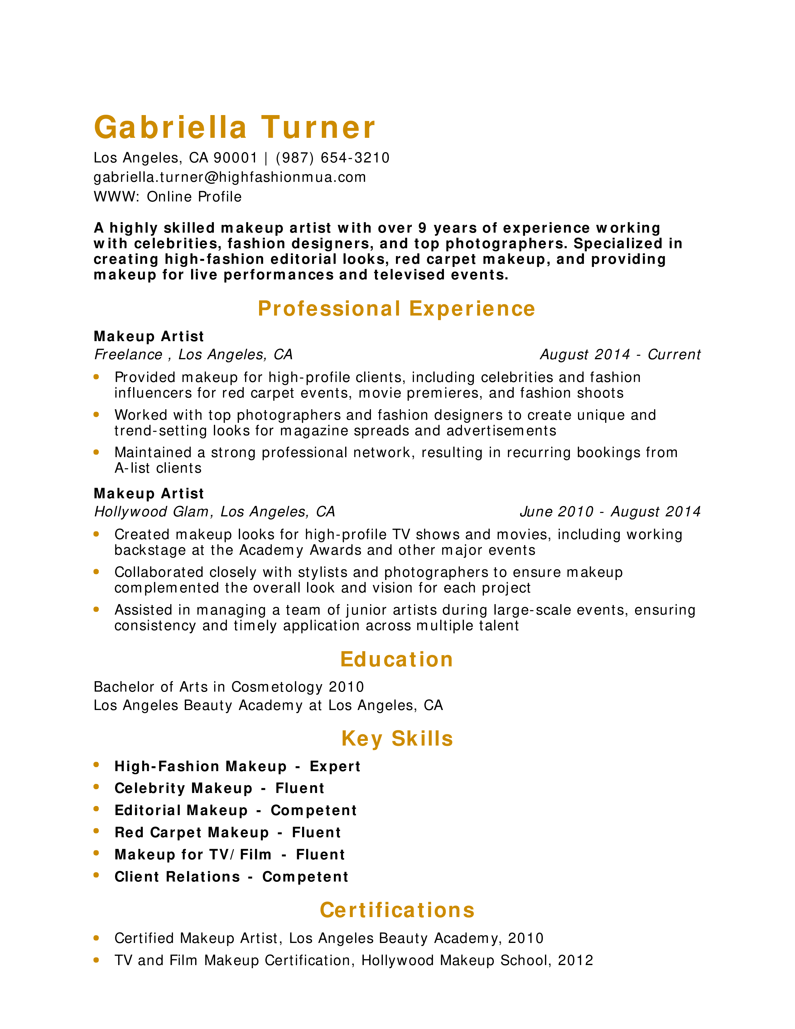 High-Profile Makeup Artist Resume