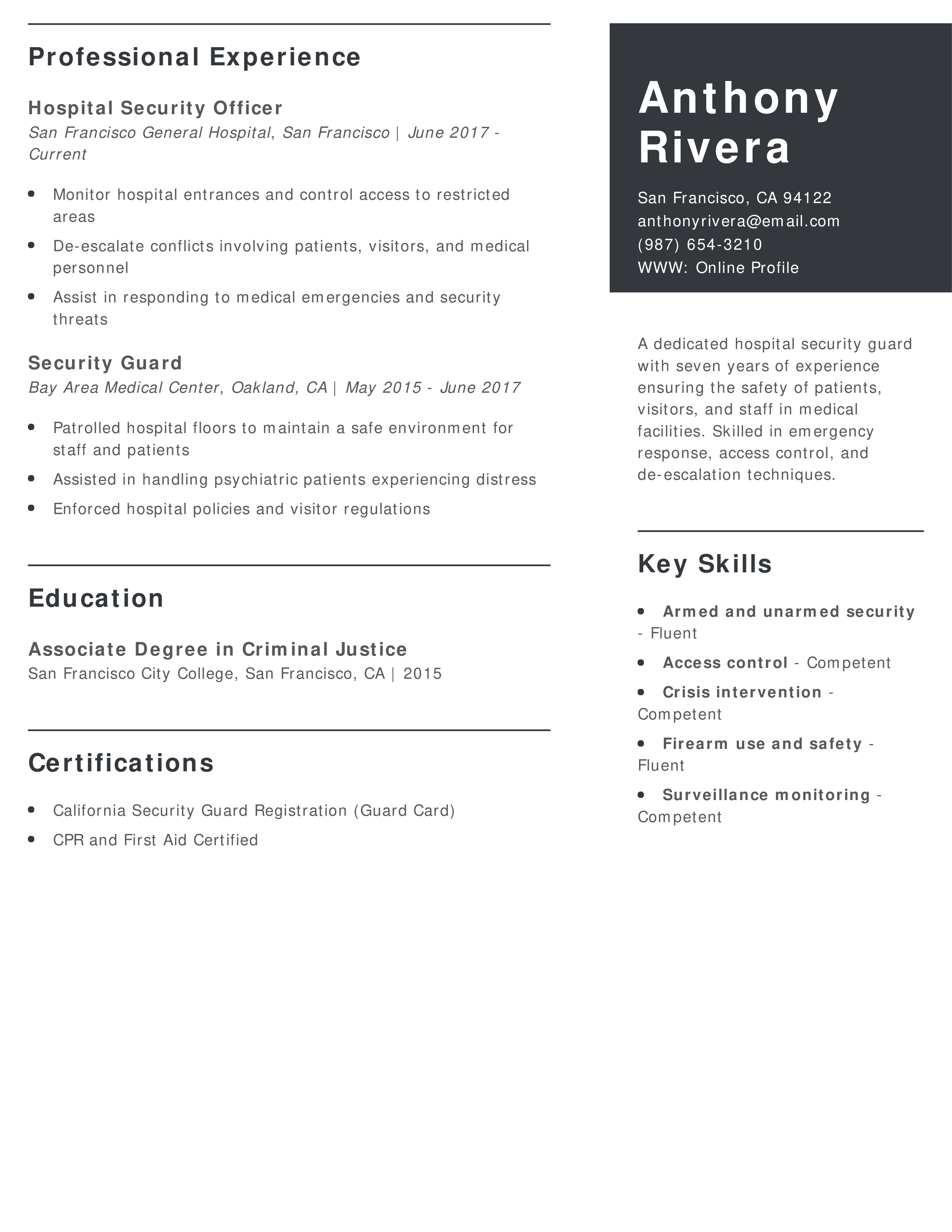 Hospital Security Guard Resume