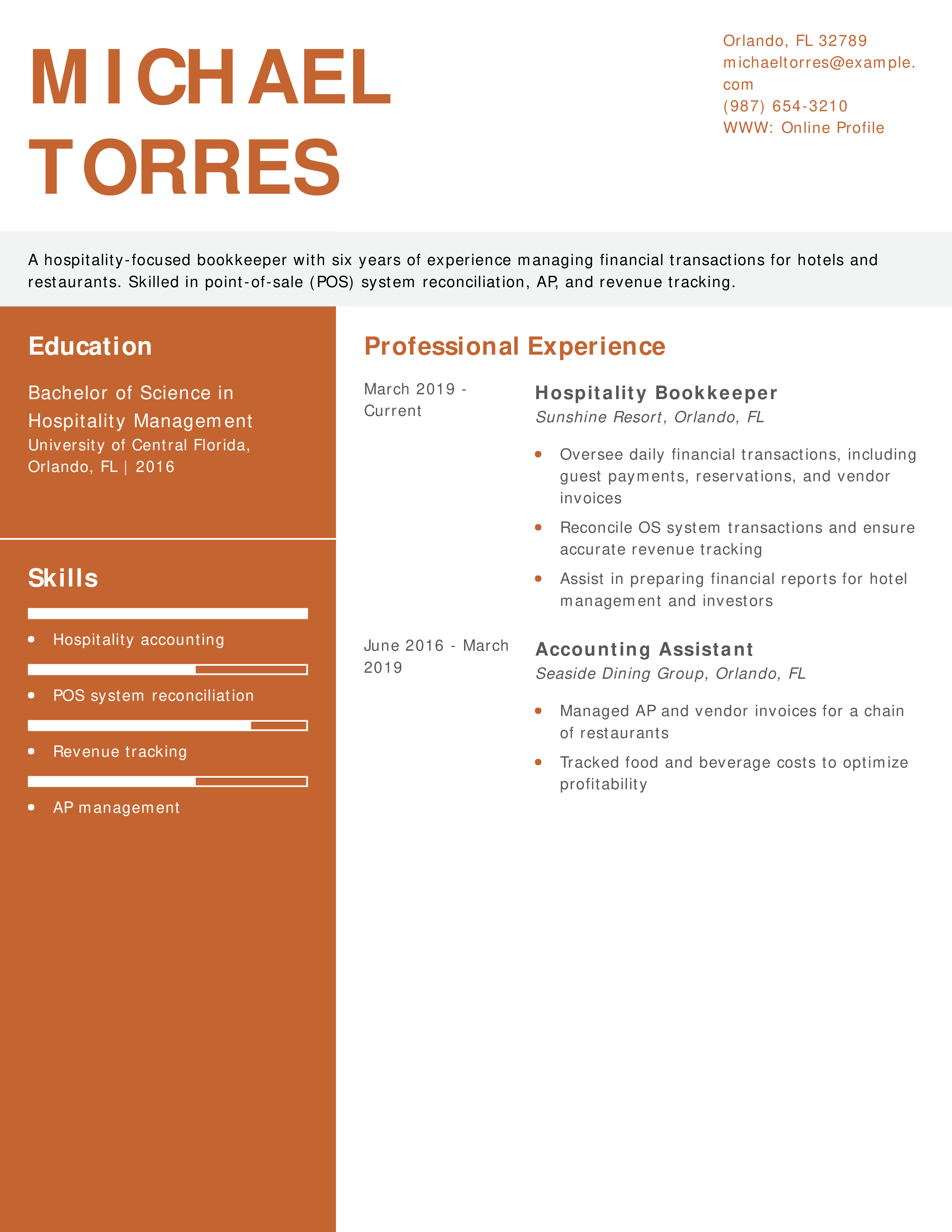 Hospitality Bookkeeper Resume