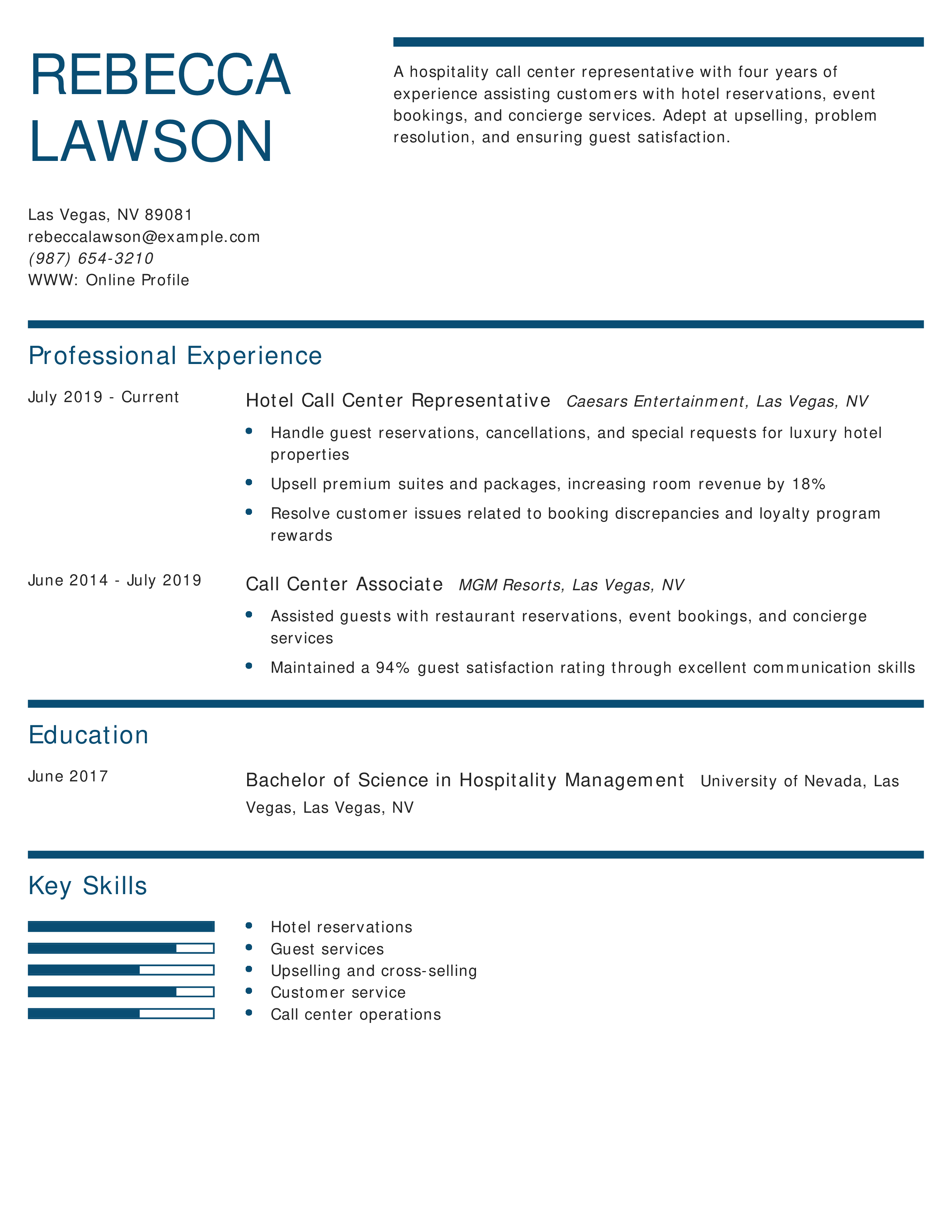 Hospitality Call Center Representative Resume