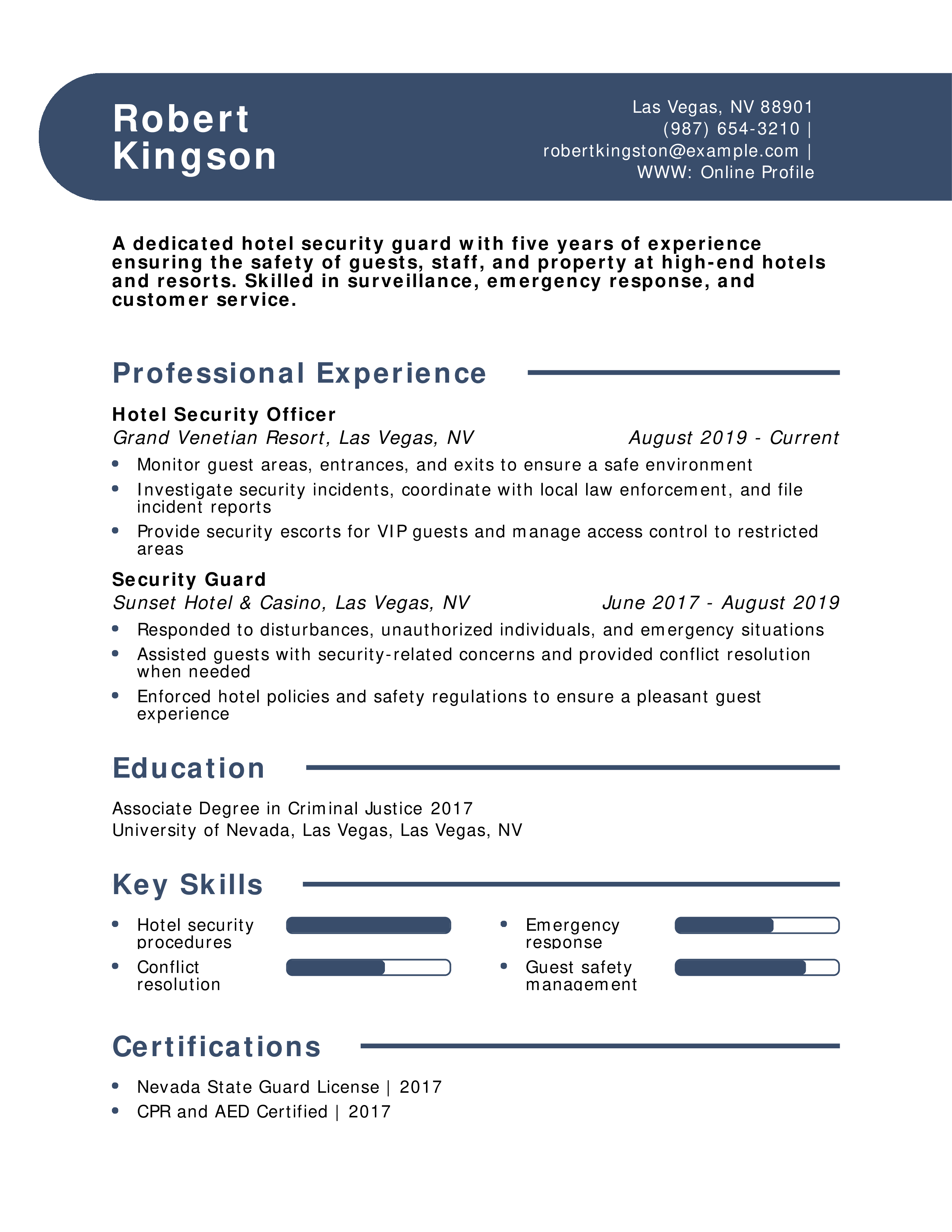 Hotel Security Guard Resume