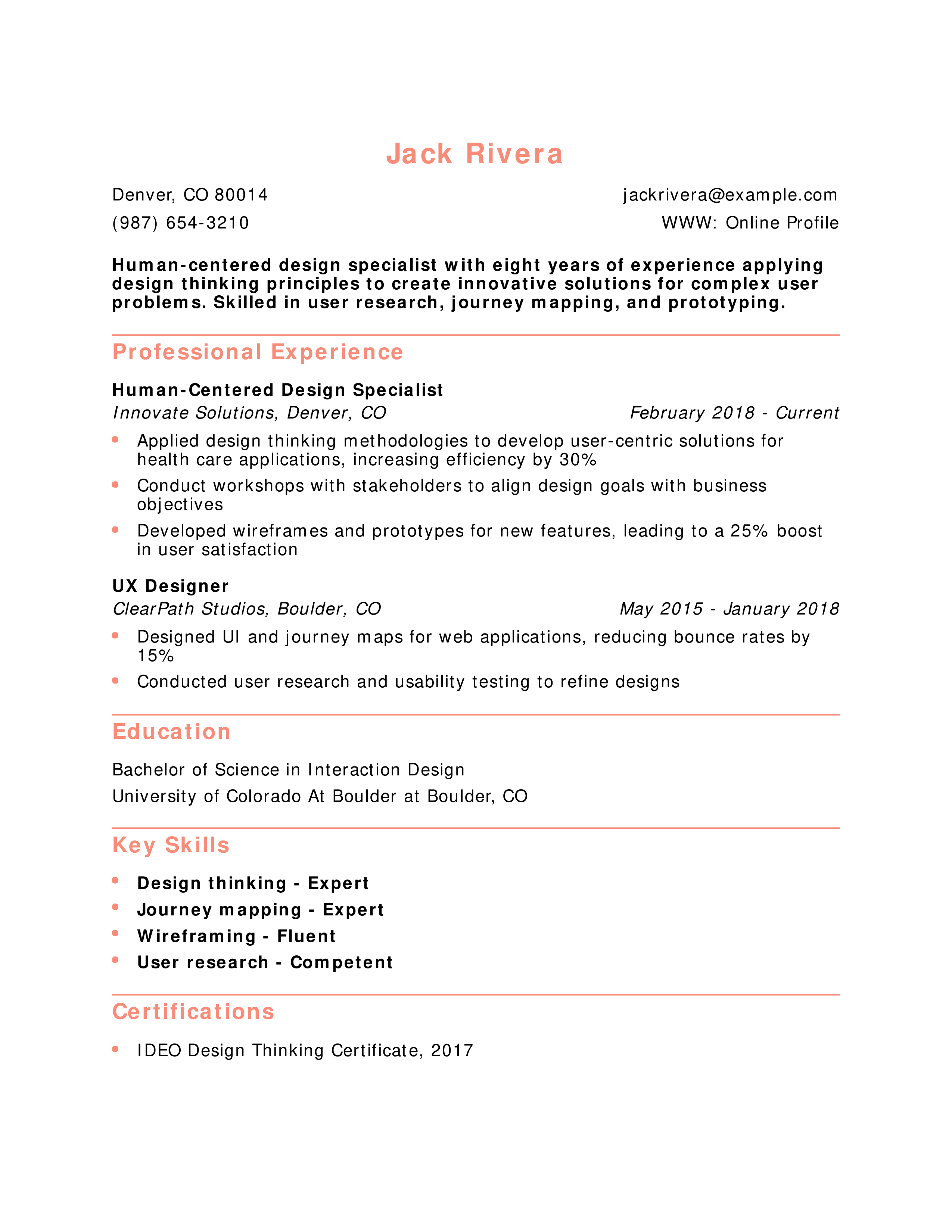 Human-Centered Design Specialist Resume