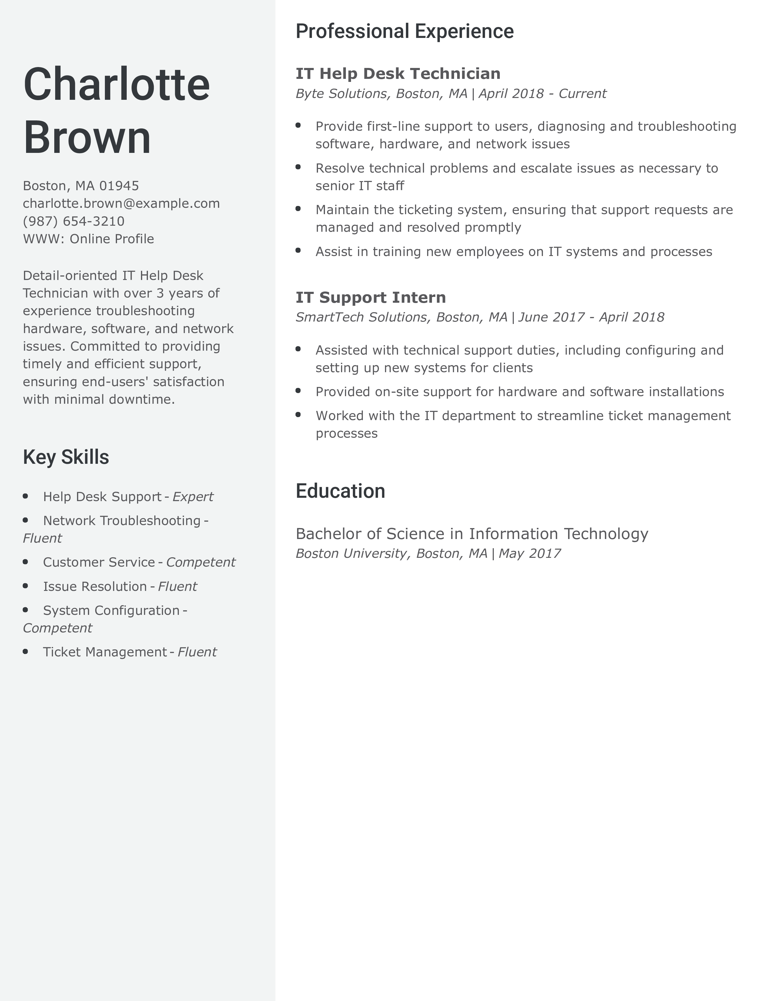 IT Help Desk Technician Resume