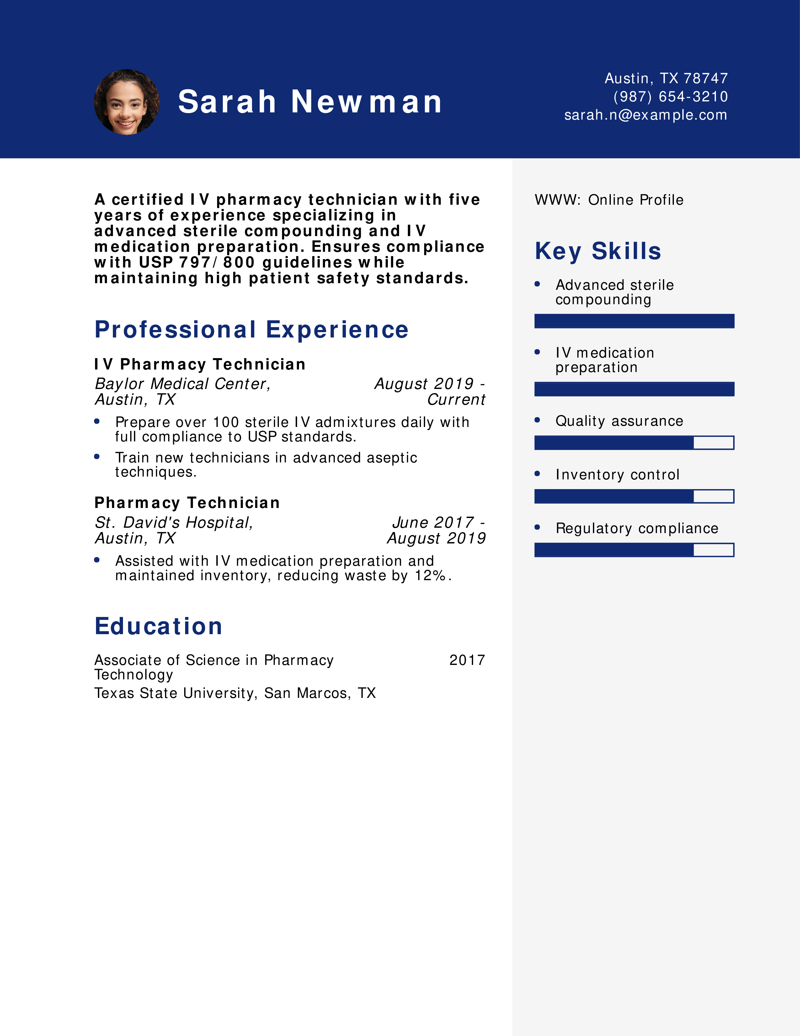 IV Pharmacy Technician – Advanced Sterile Techniques Resume