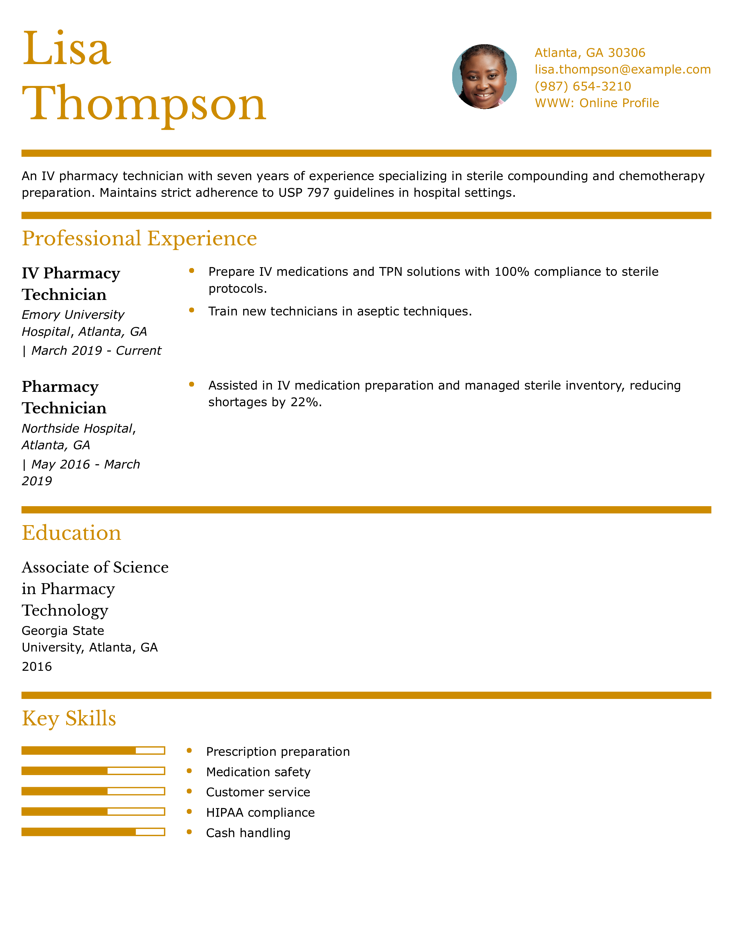 IV Pharmacy Technician Chemotherapy Specialist Resume