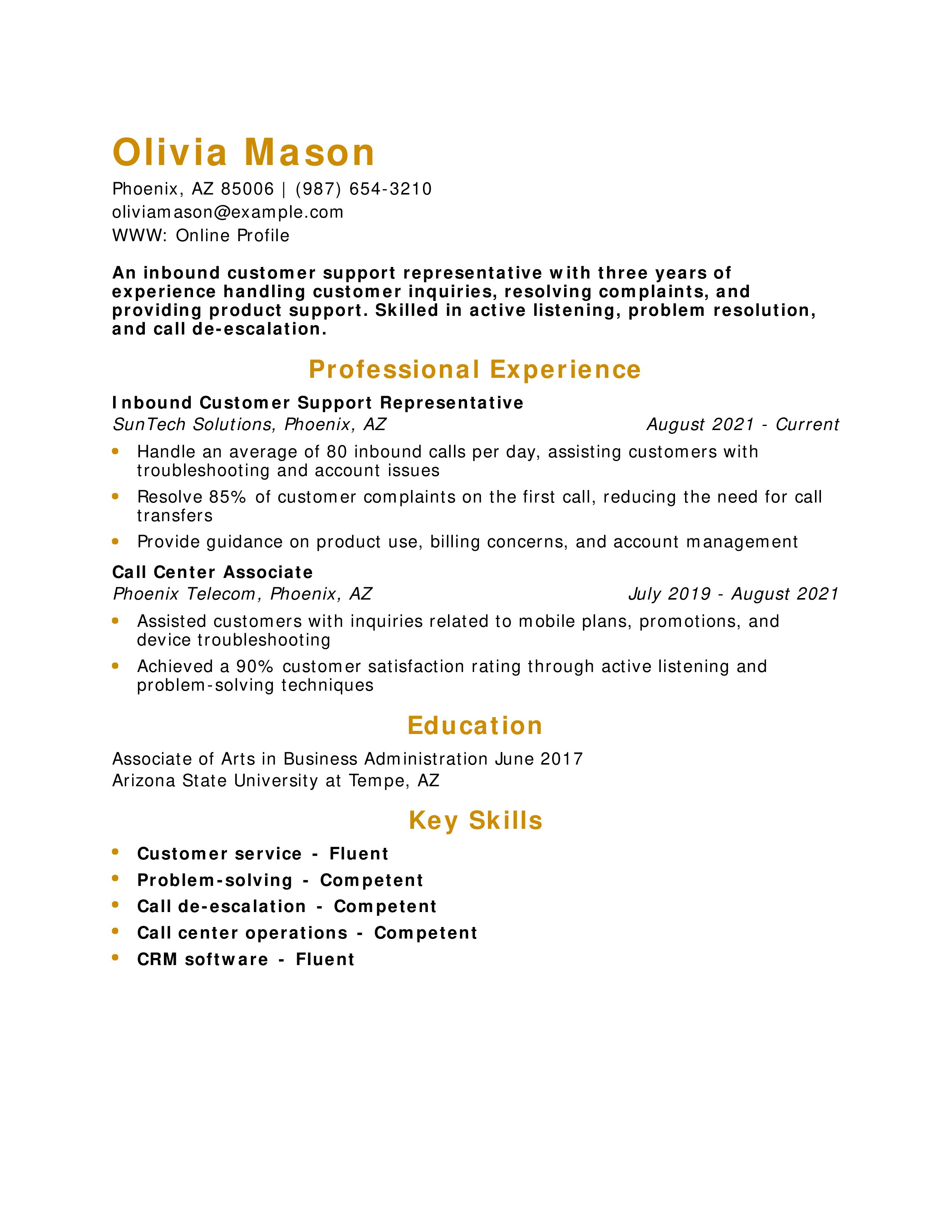 Inbound Customer Support Representative Resume