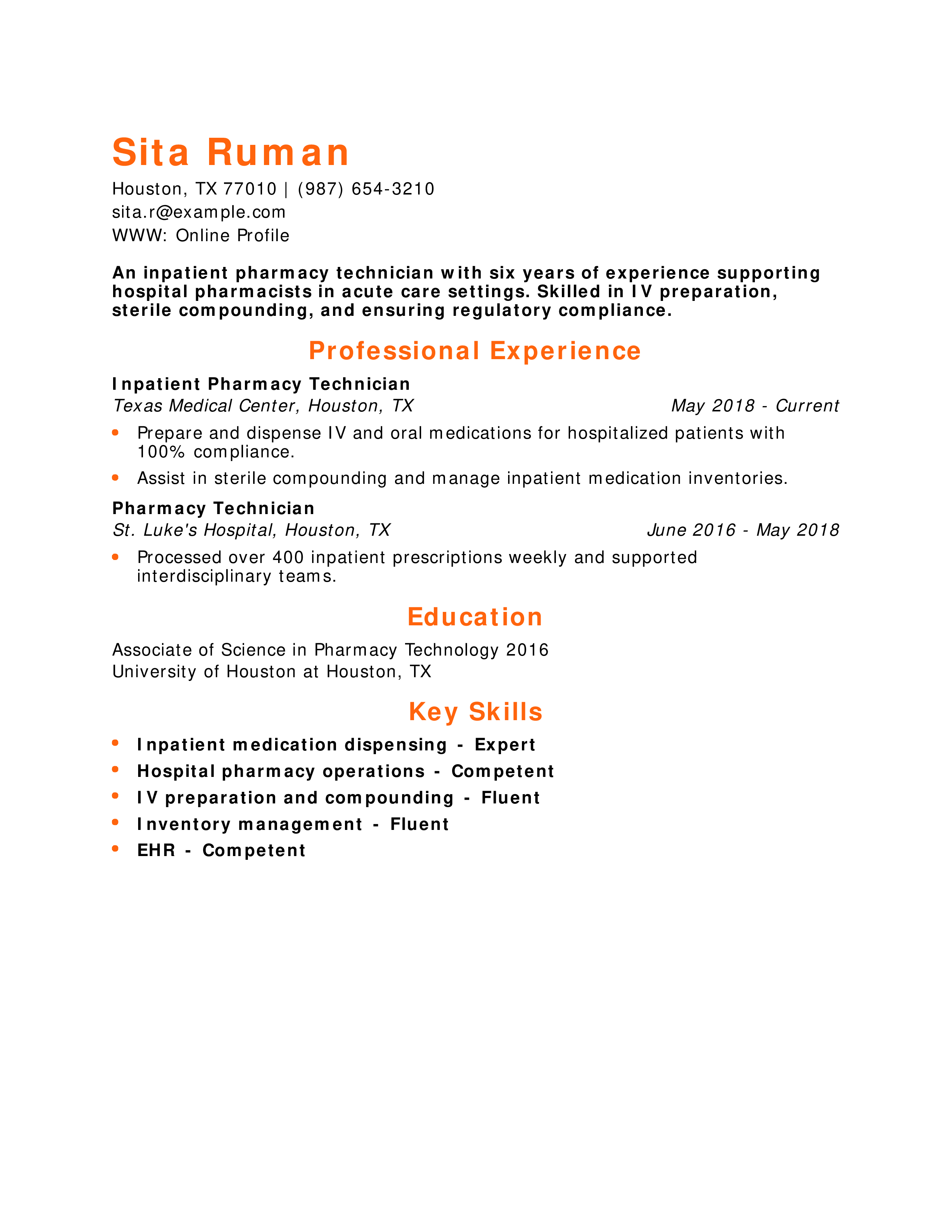Inpatient Pharmacy Technician Resume