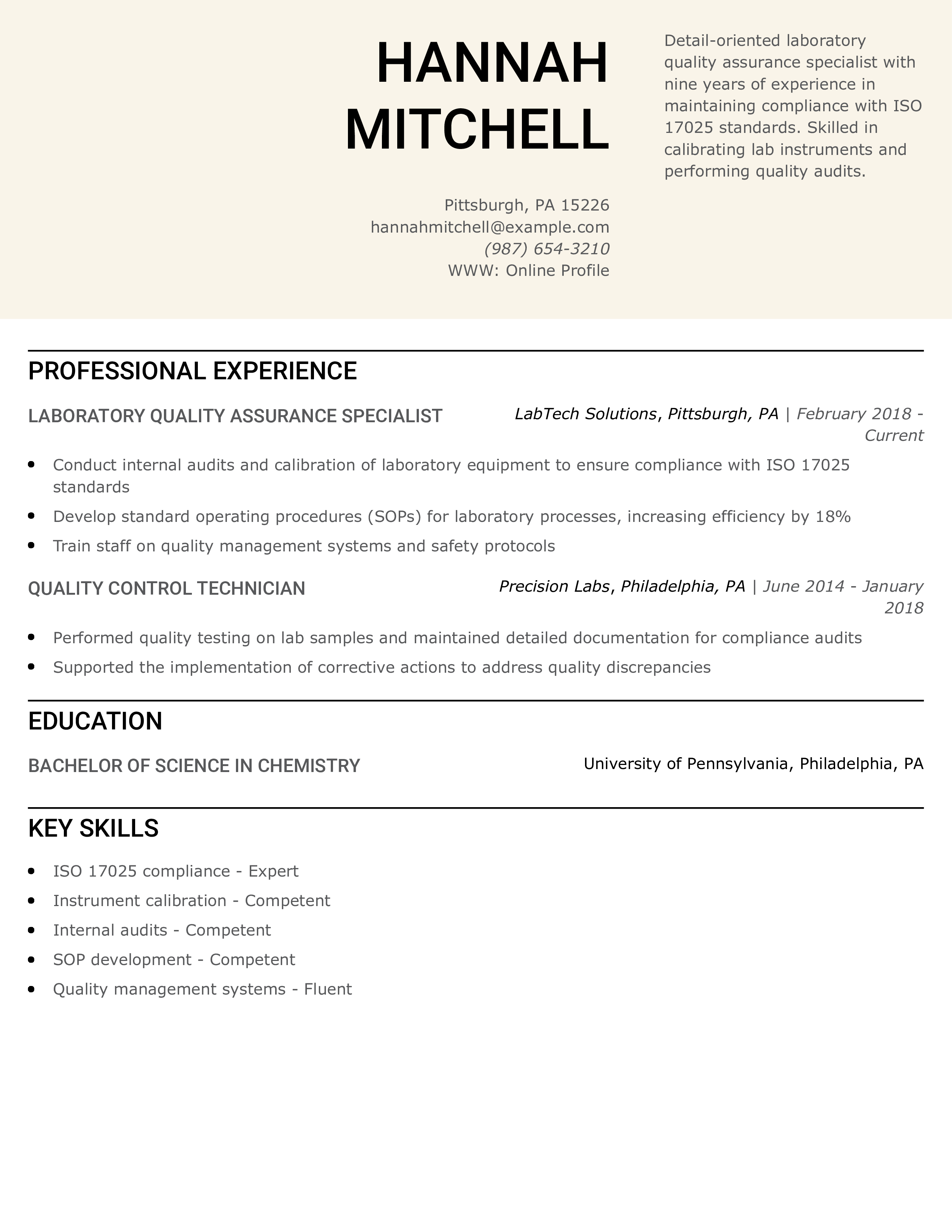 Laboratory Quality Assurance Specialist Resume