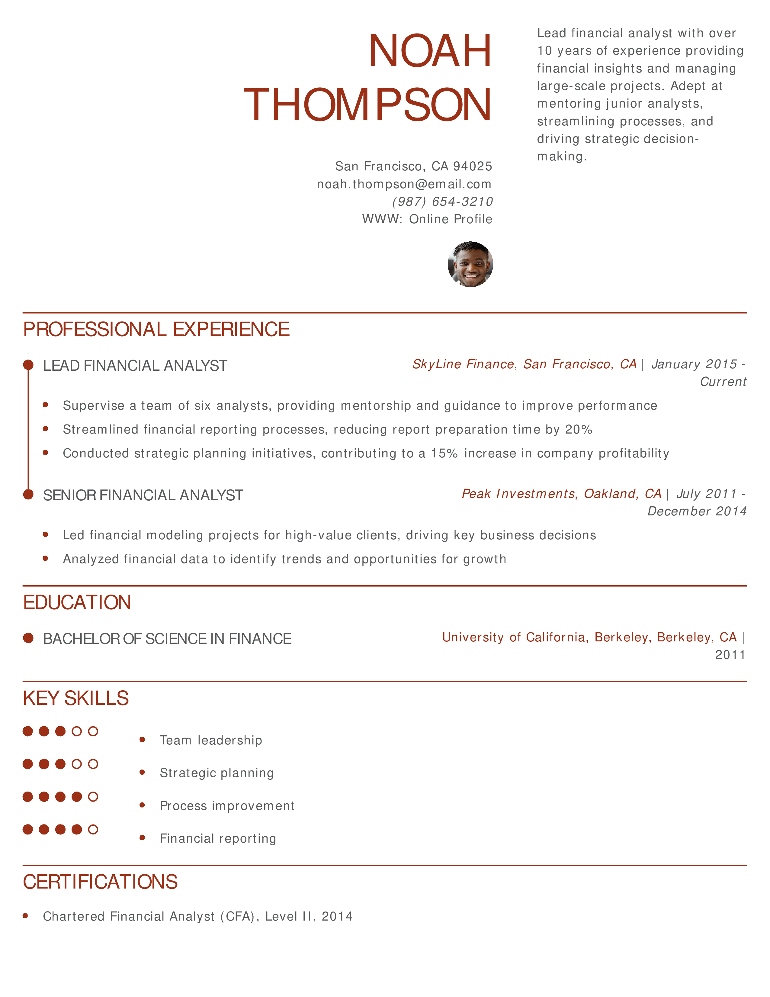 Lead Financial Analyst Resume
