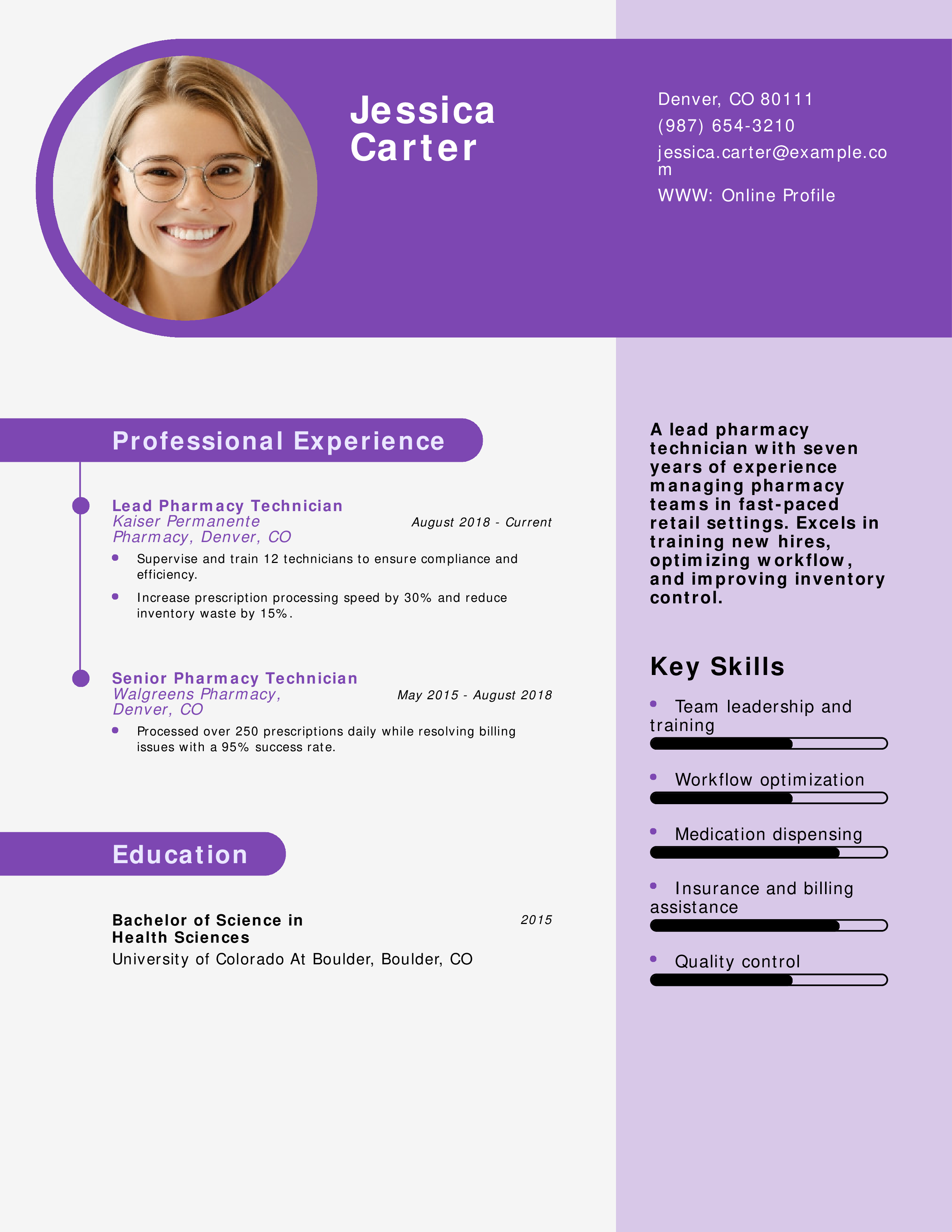 Lead Pharmacy Technician Resume