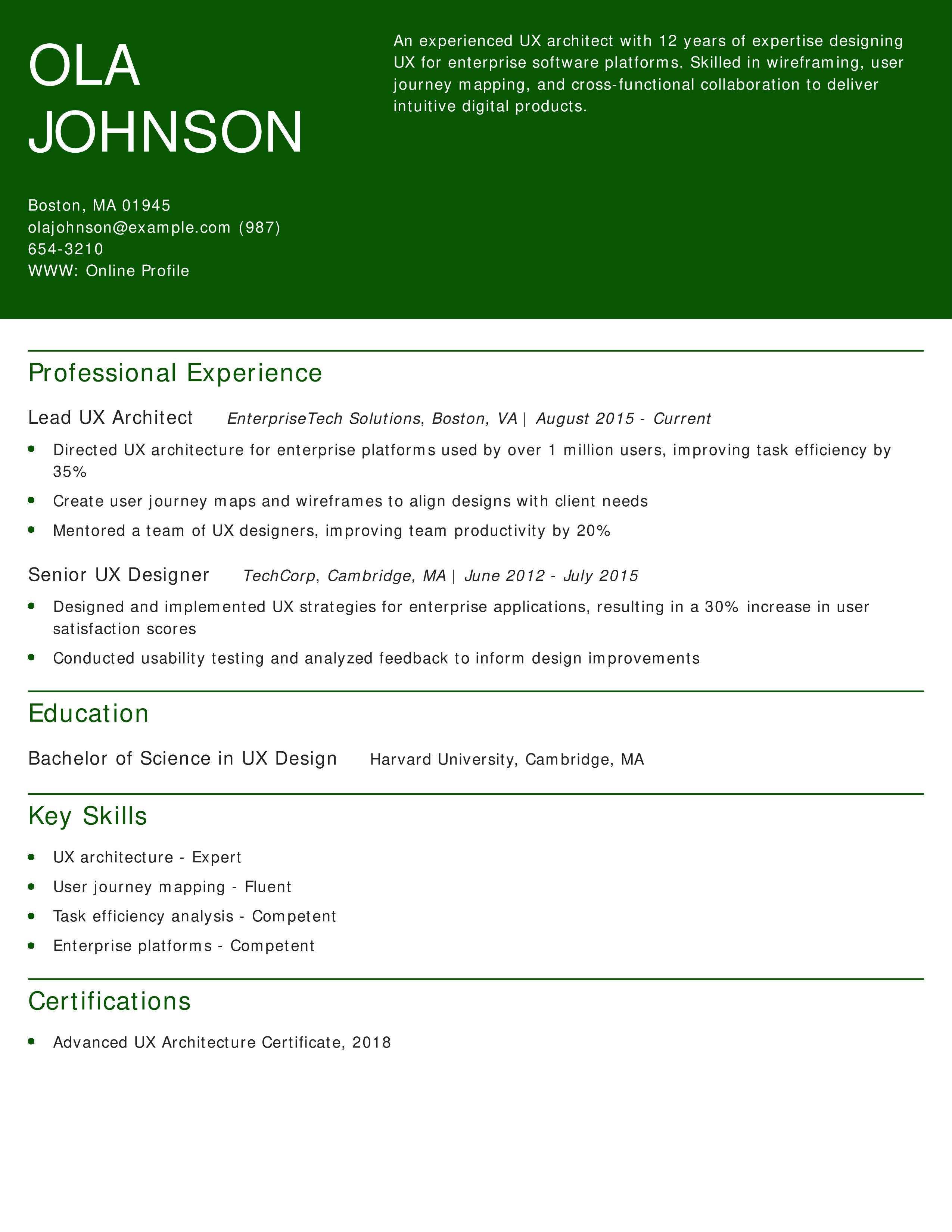 Lead UX Architect Resume
