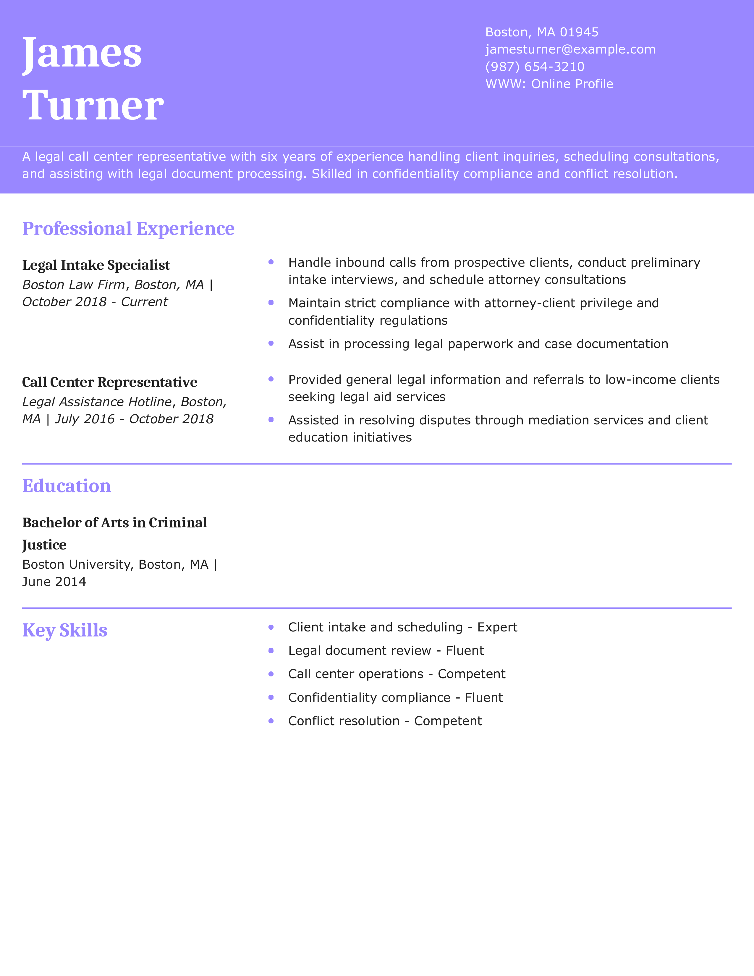 Legal Call Center Representative Resume