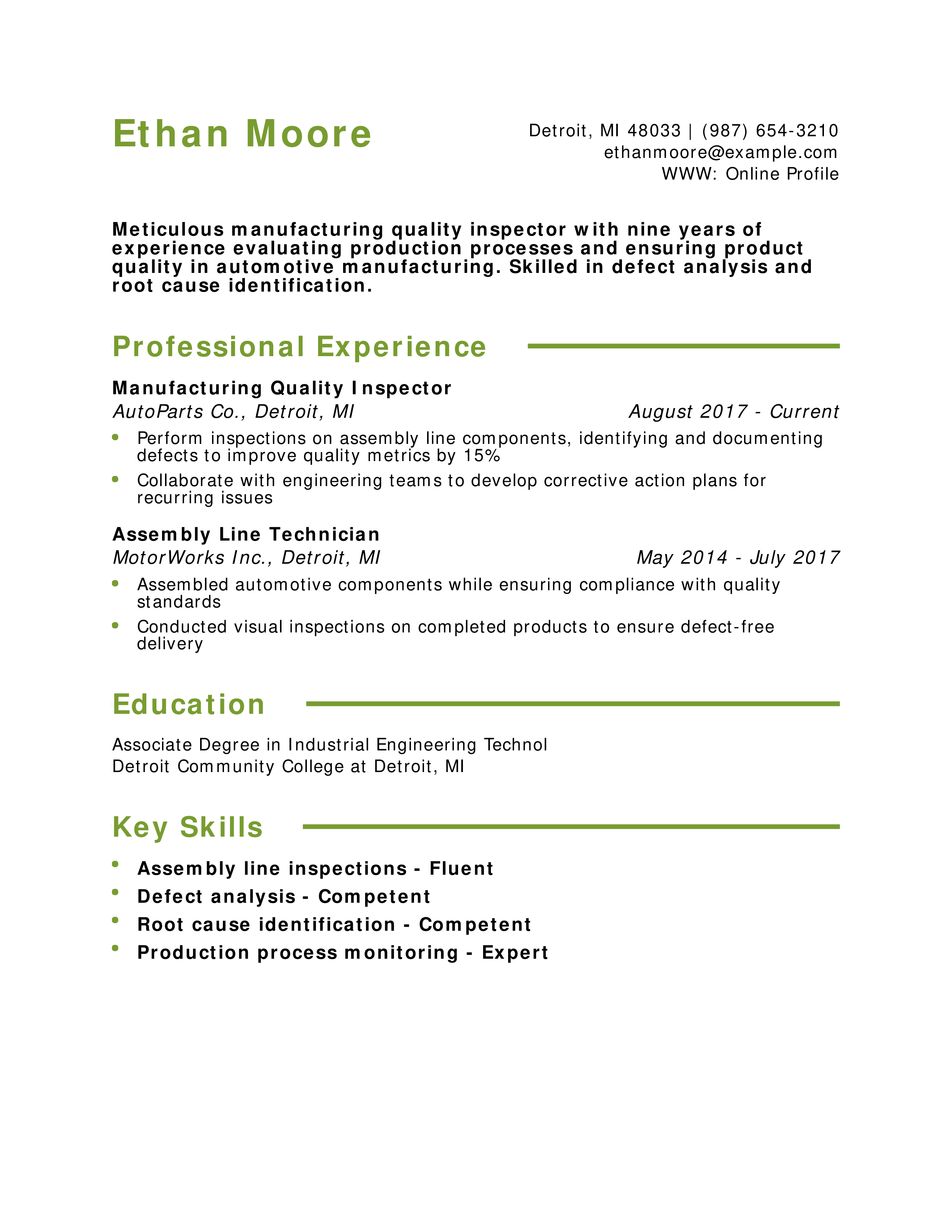 Manufacturing Quality Inspector Resume