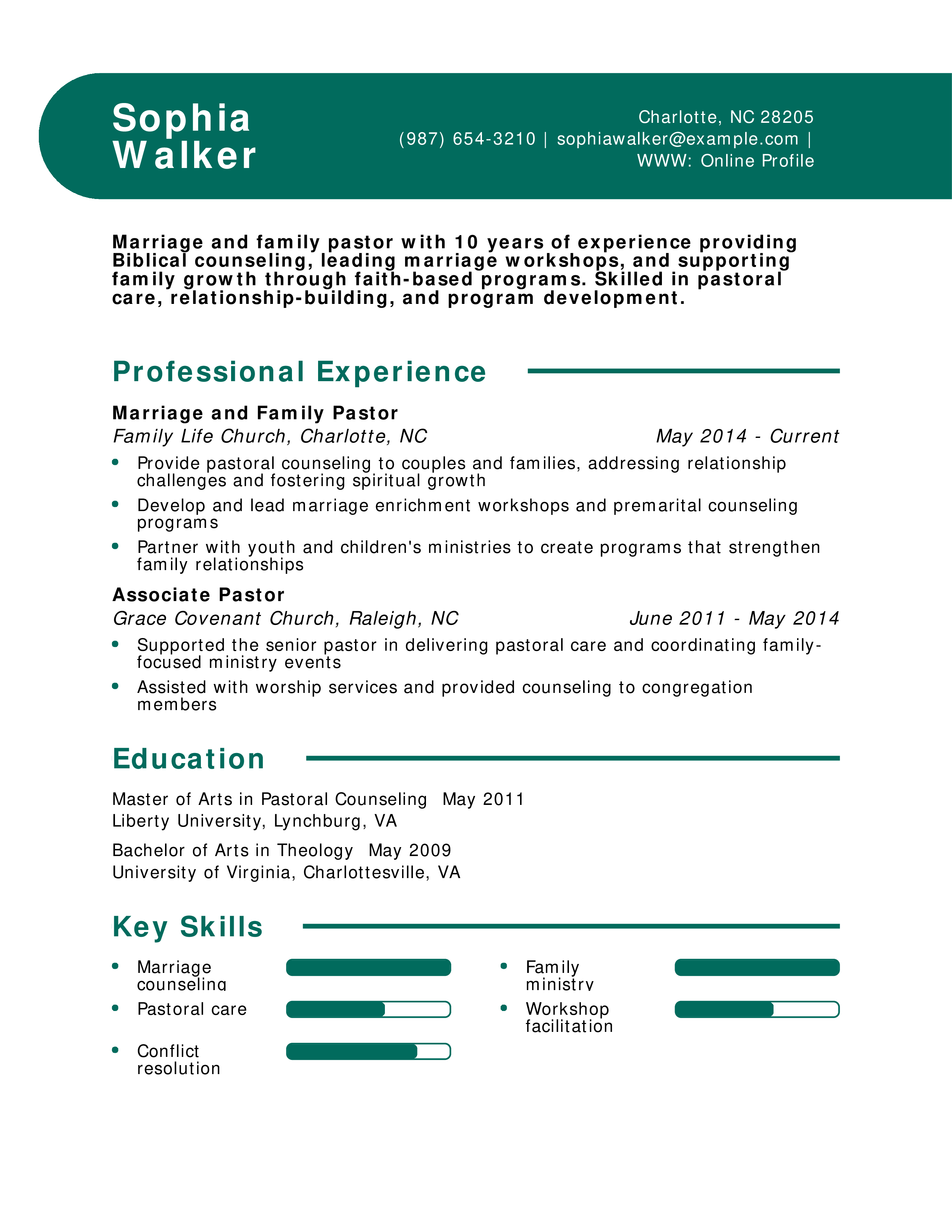 Marriage and Family Pastor Resume