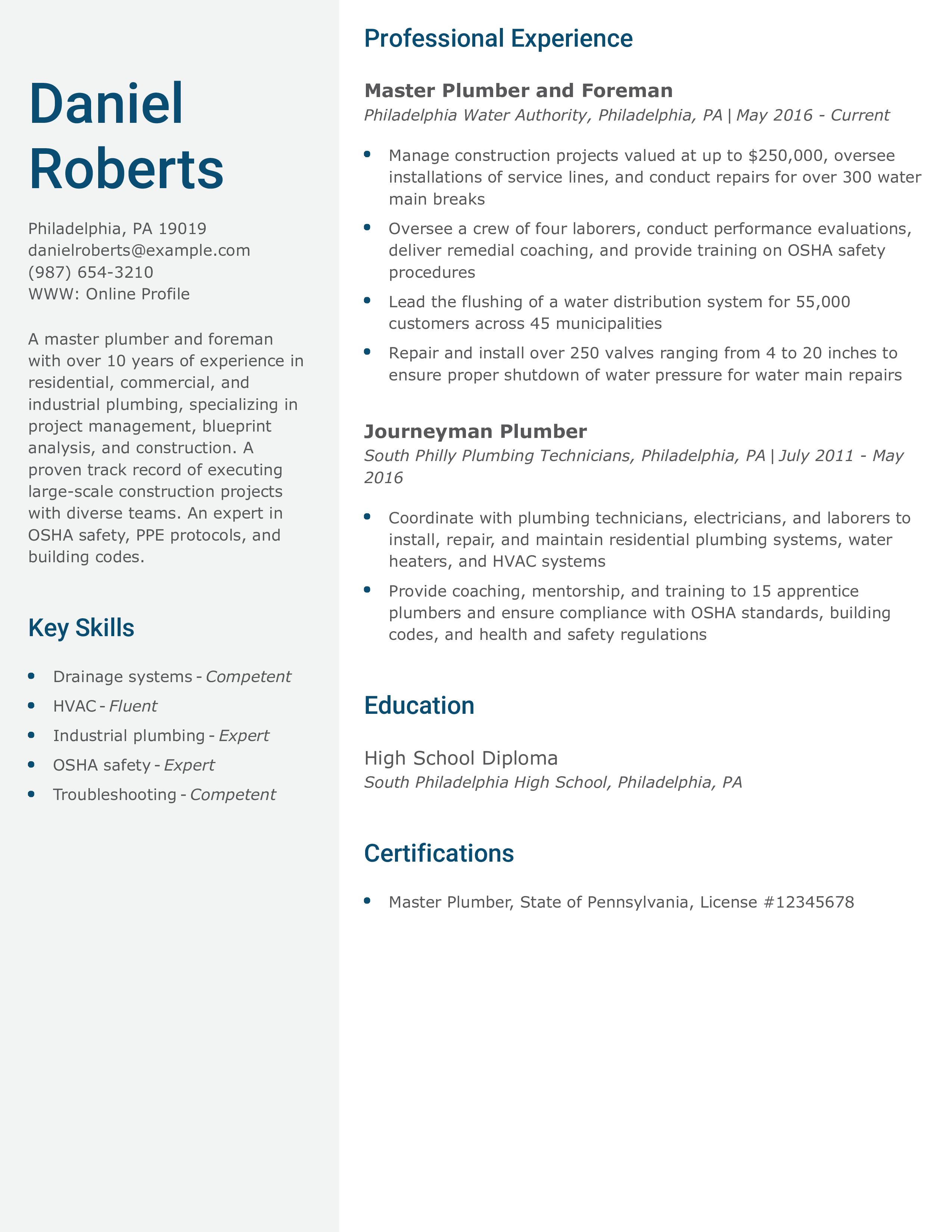 Master Plumber Resume
