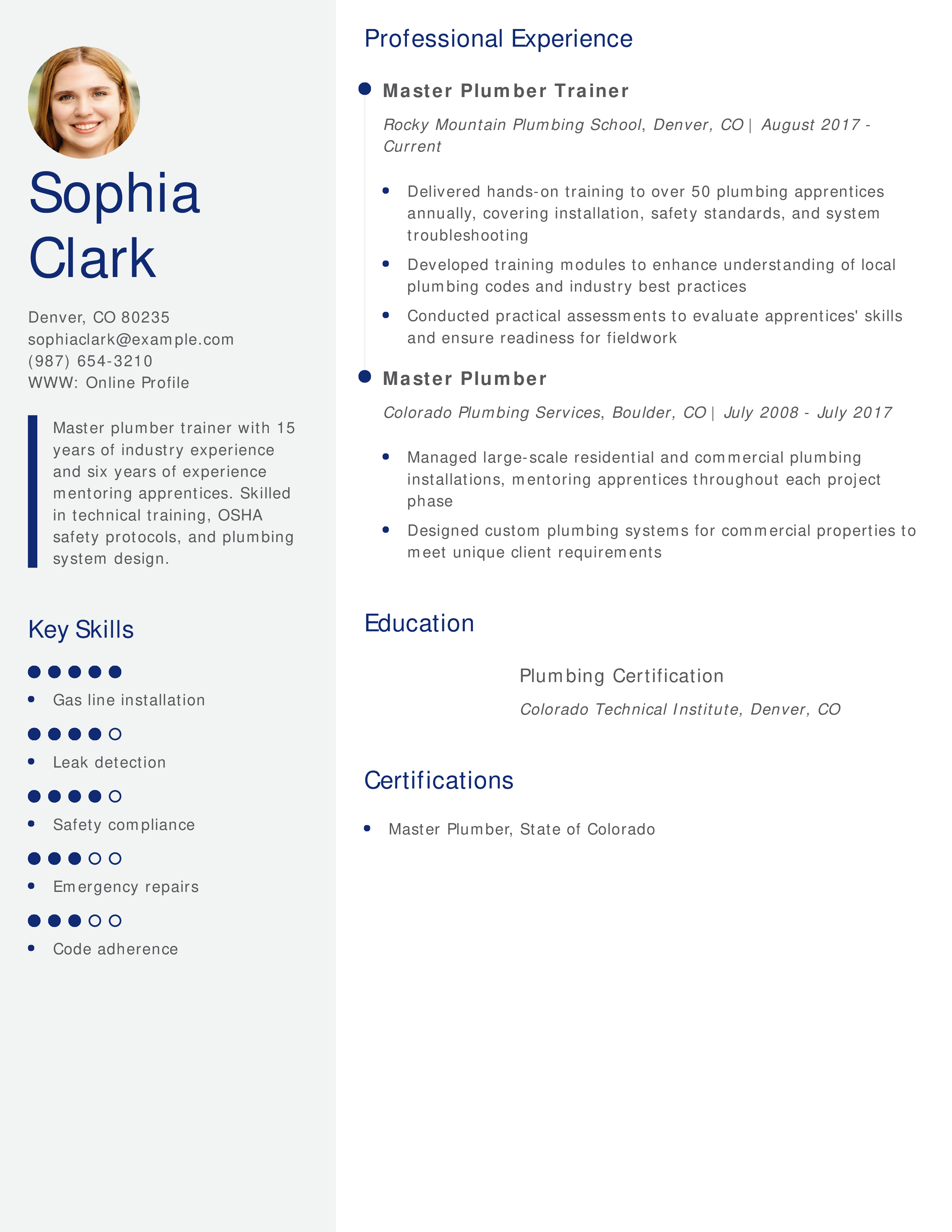 Master Plumber Trainer Resume