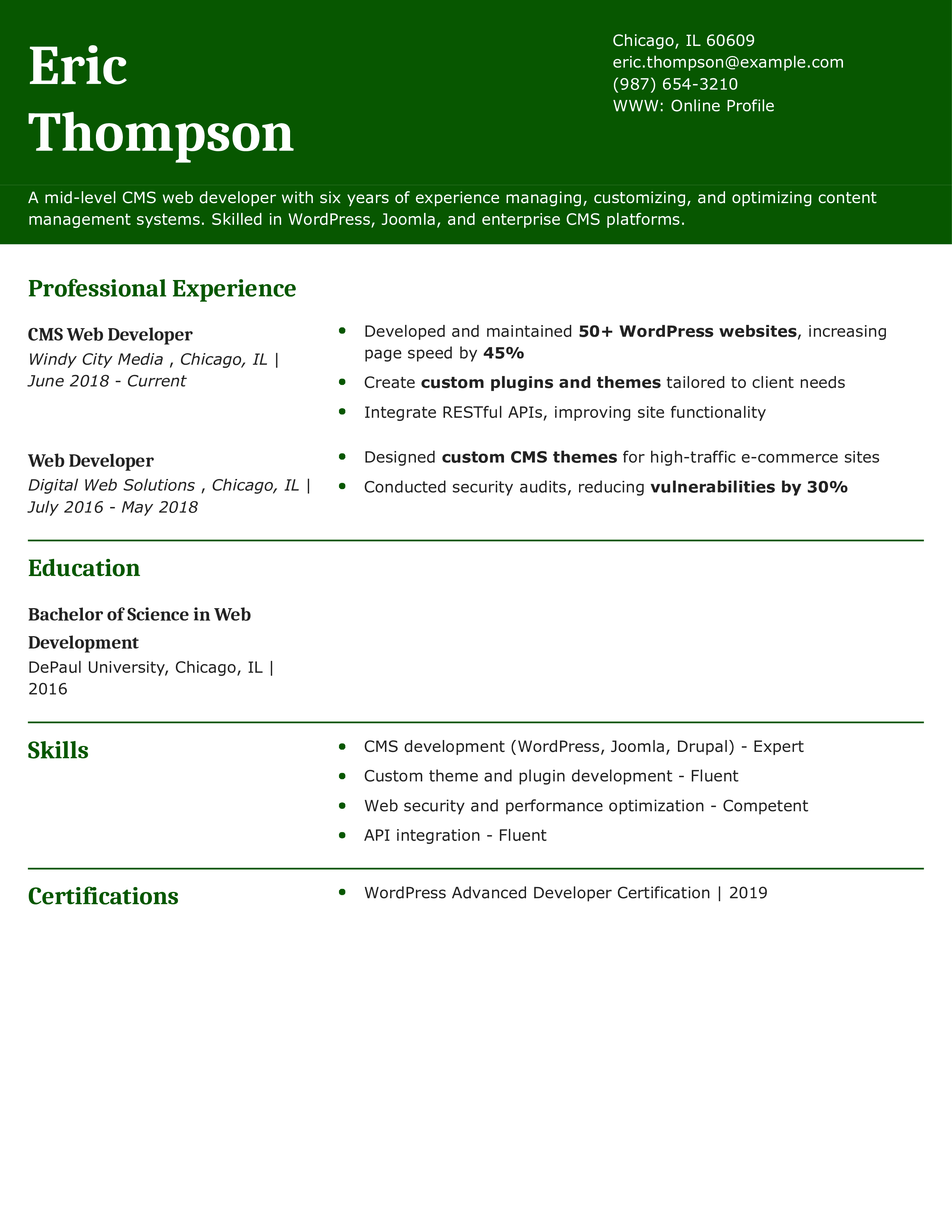Mid-Level CMS Web Developer Resume