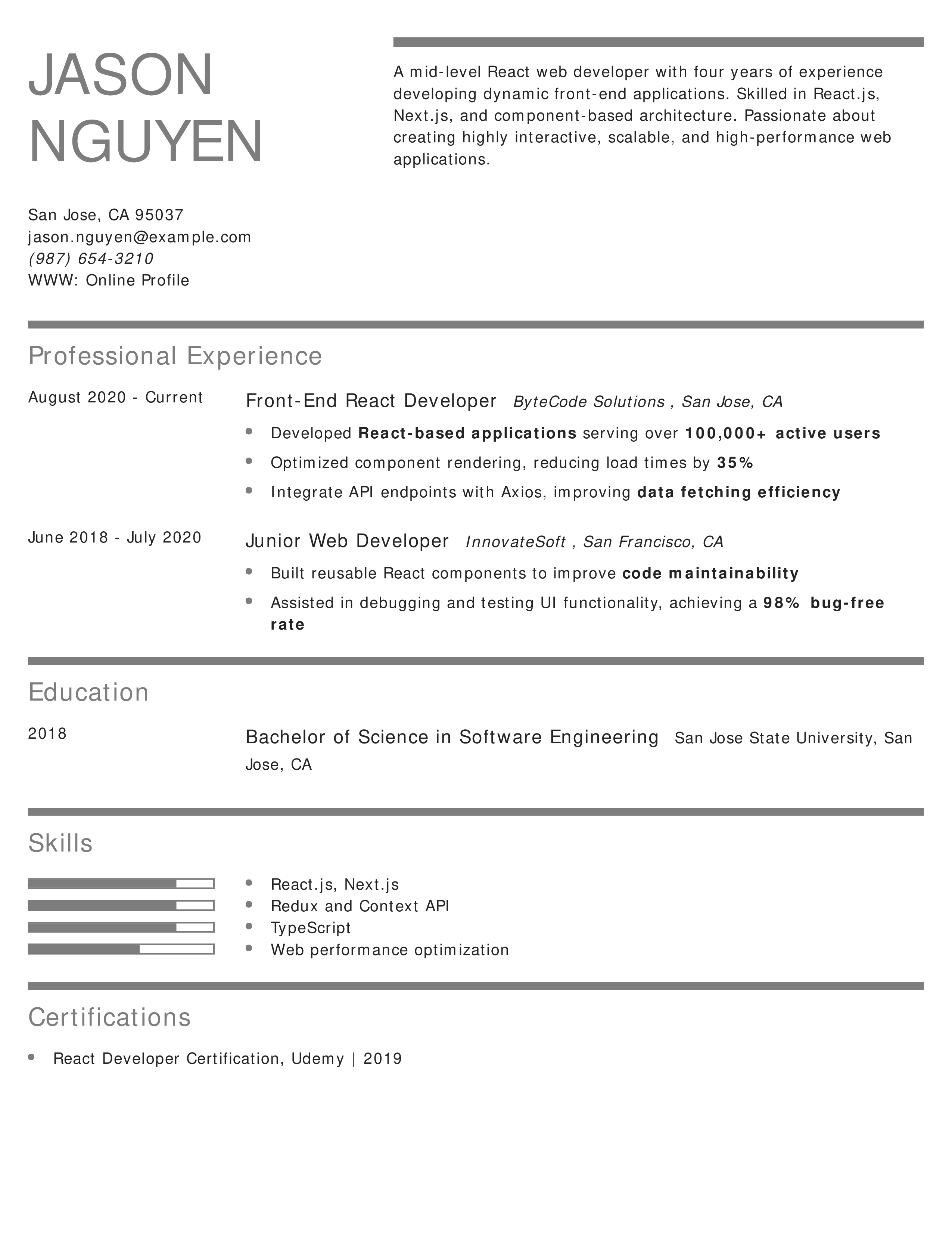 Mid-Level React Web Developer Resume