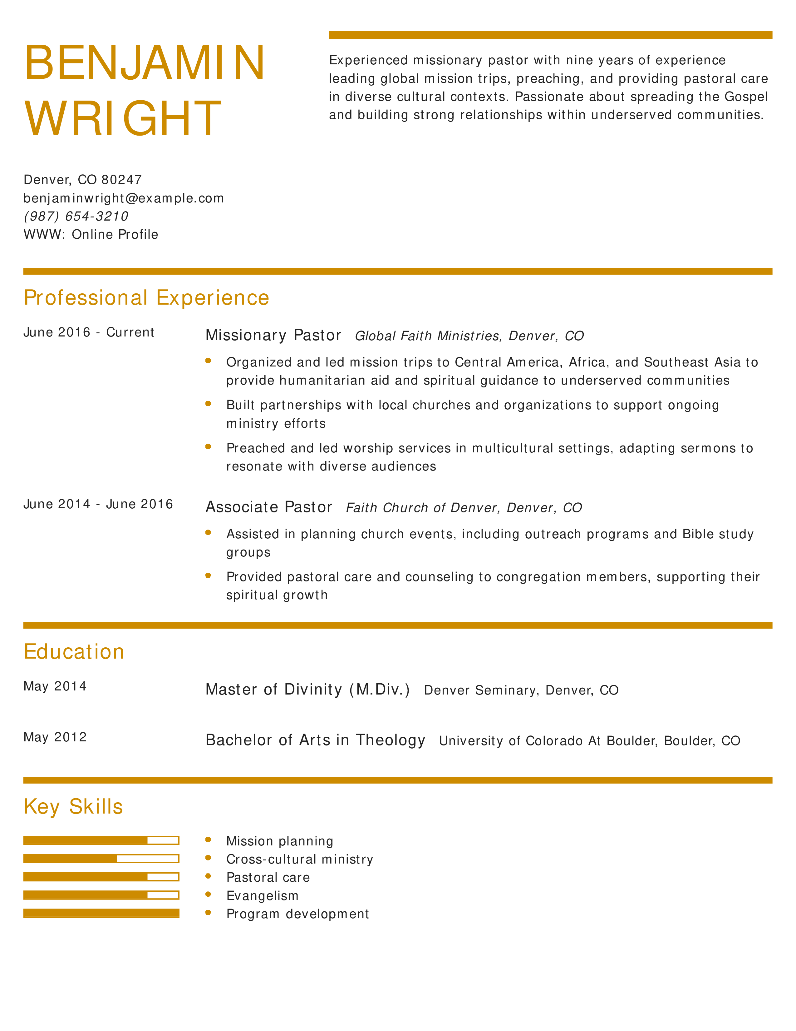Missionary Pastor Resume