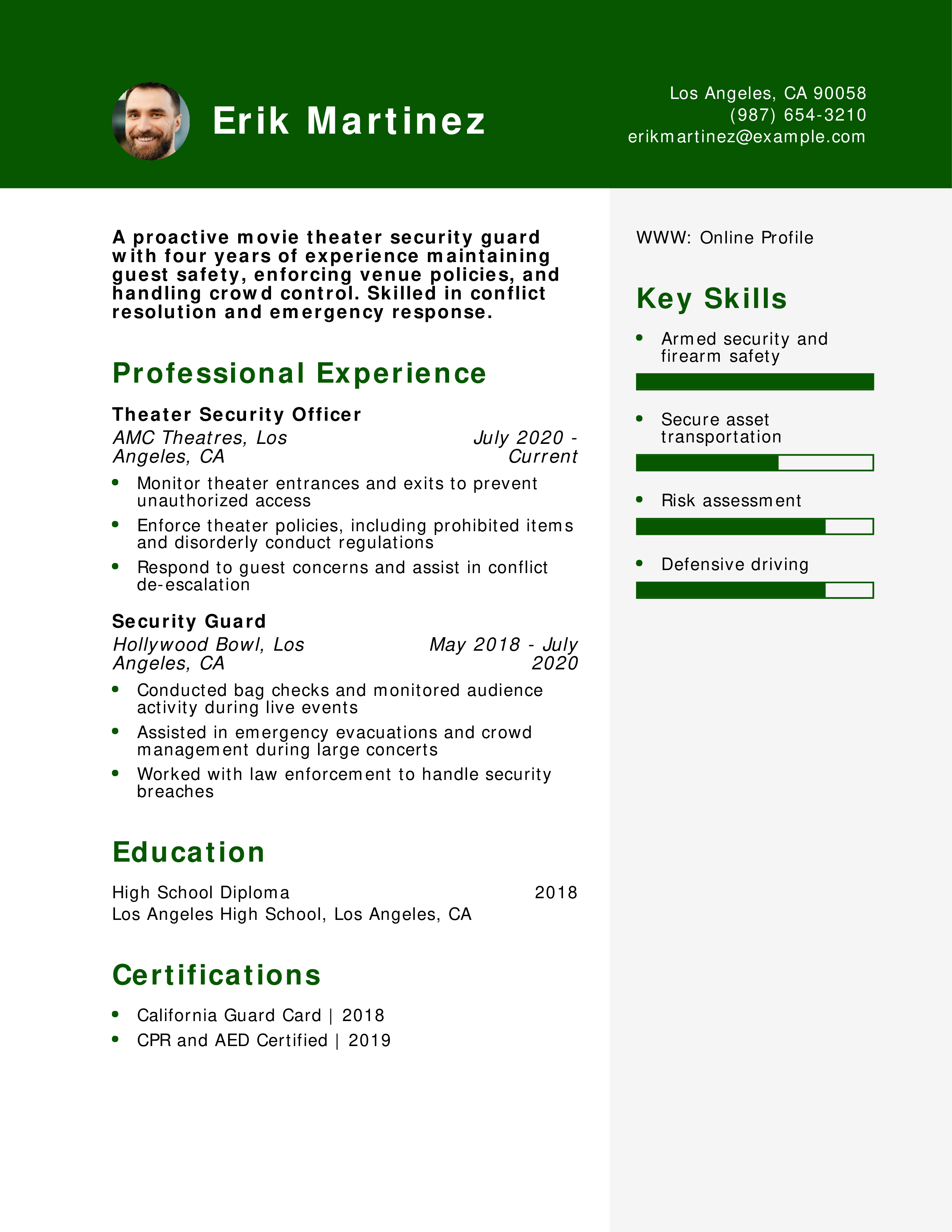 Movie Theater Security Guard Resume