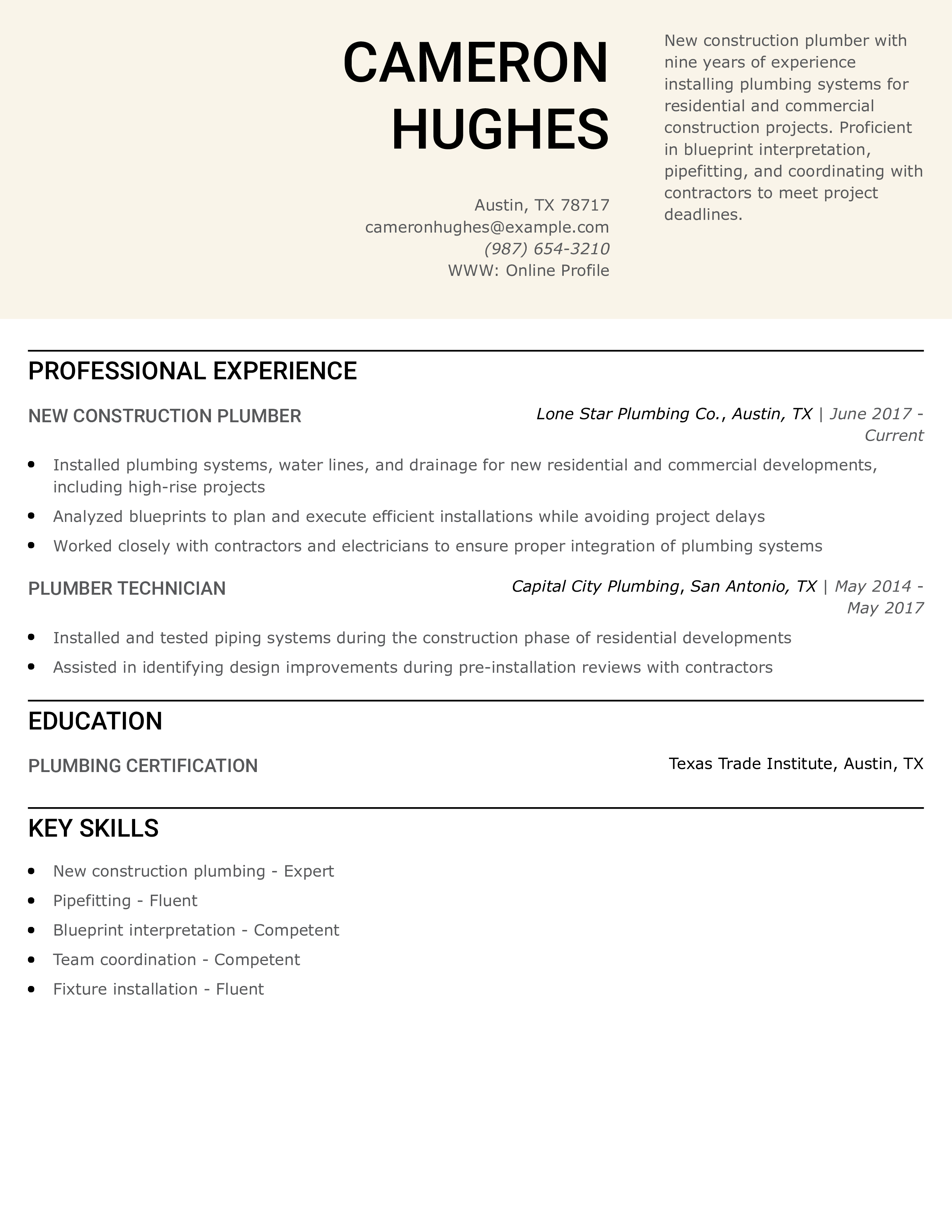 New Construction Plumber Resume