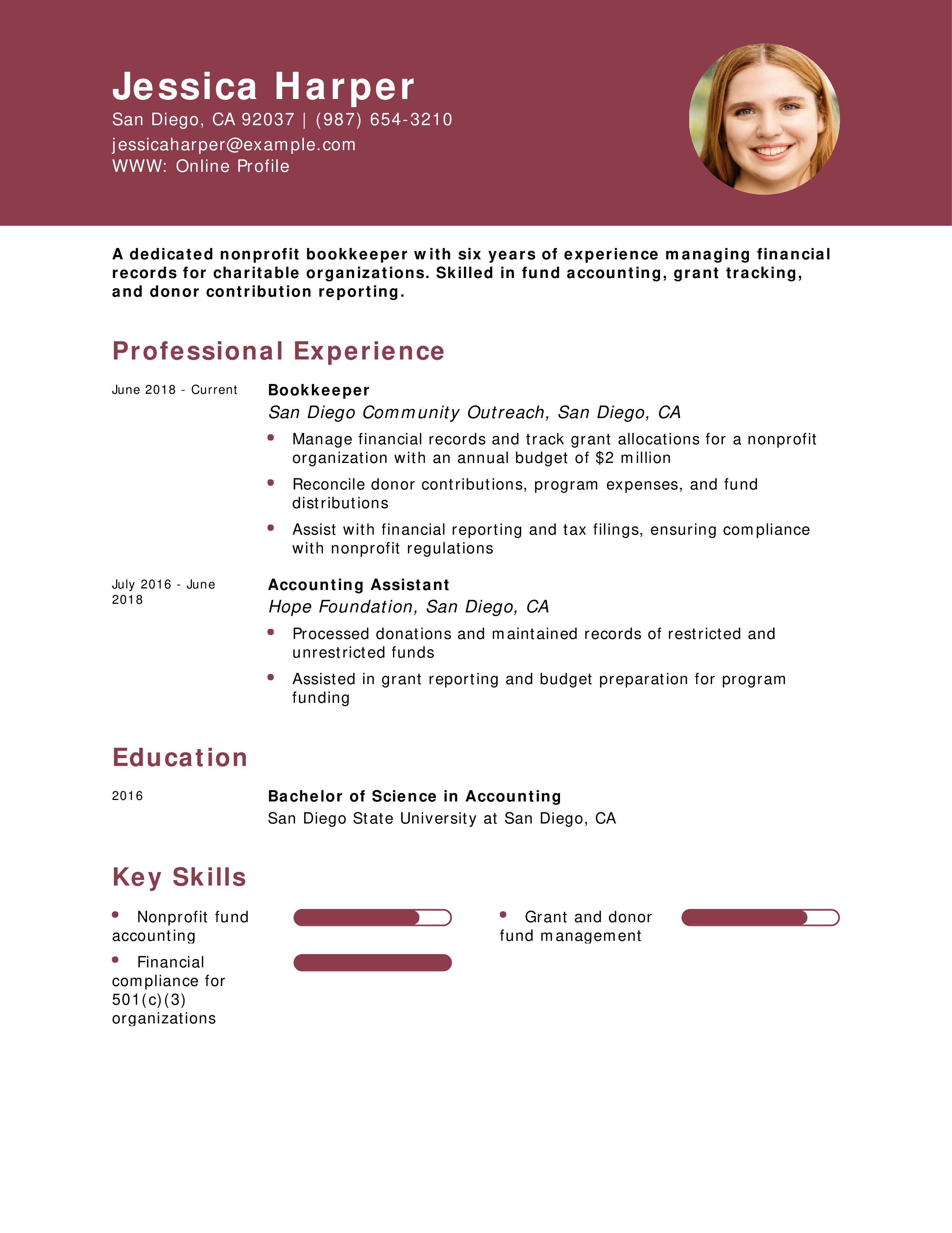 Nonprofit Bookkeeper Resume