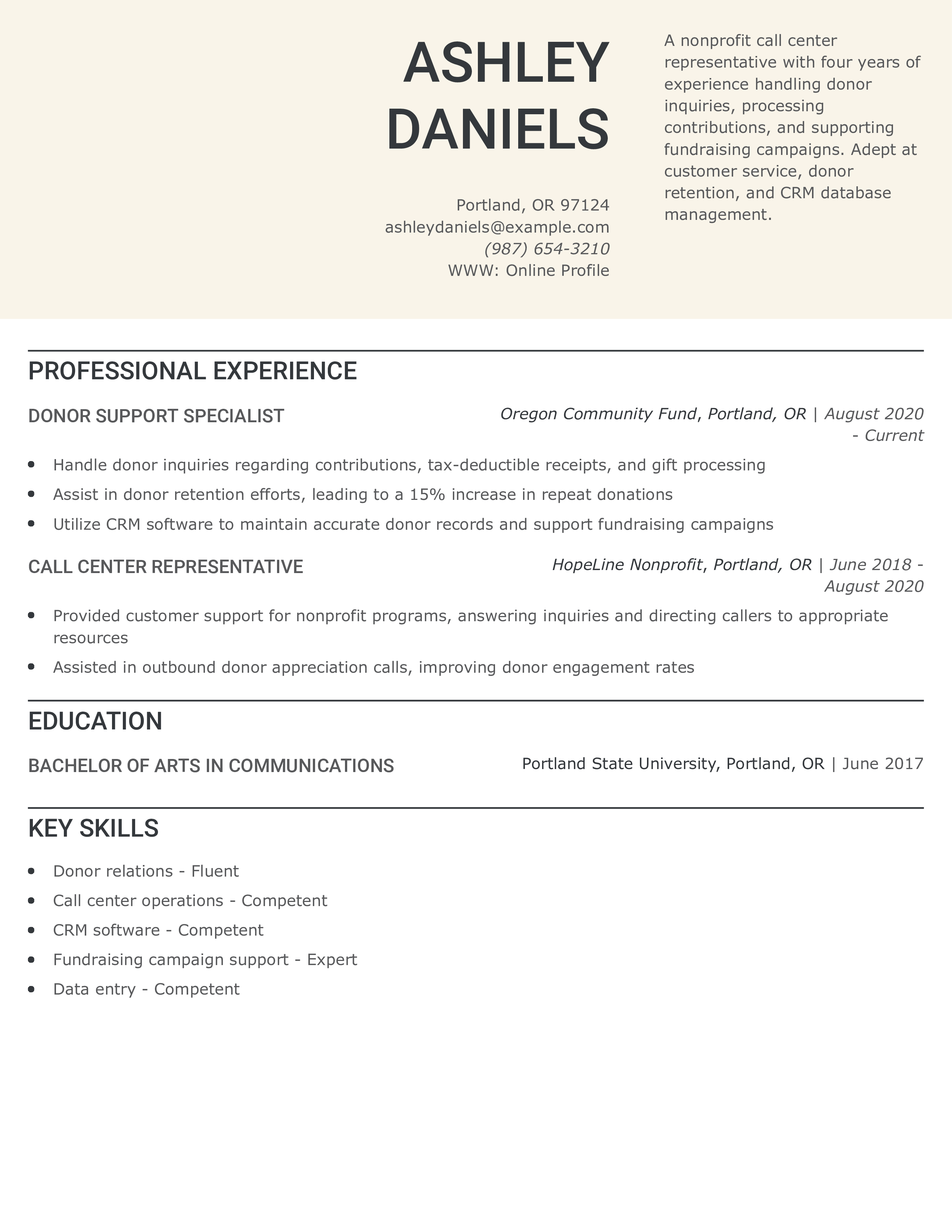 Nonprofit Call Center Representative Resume