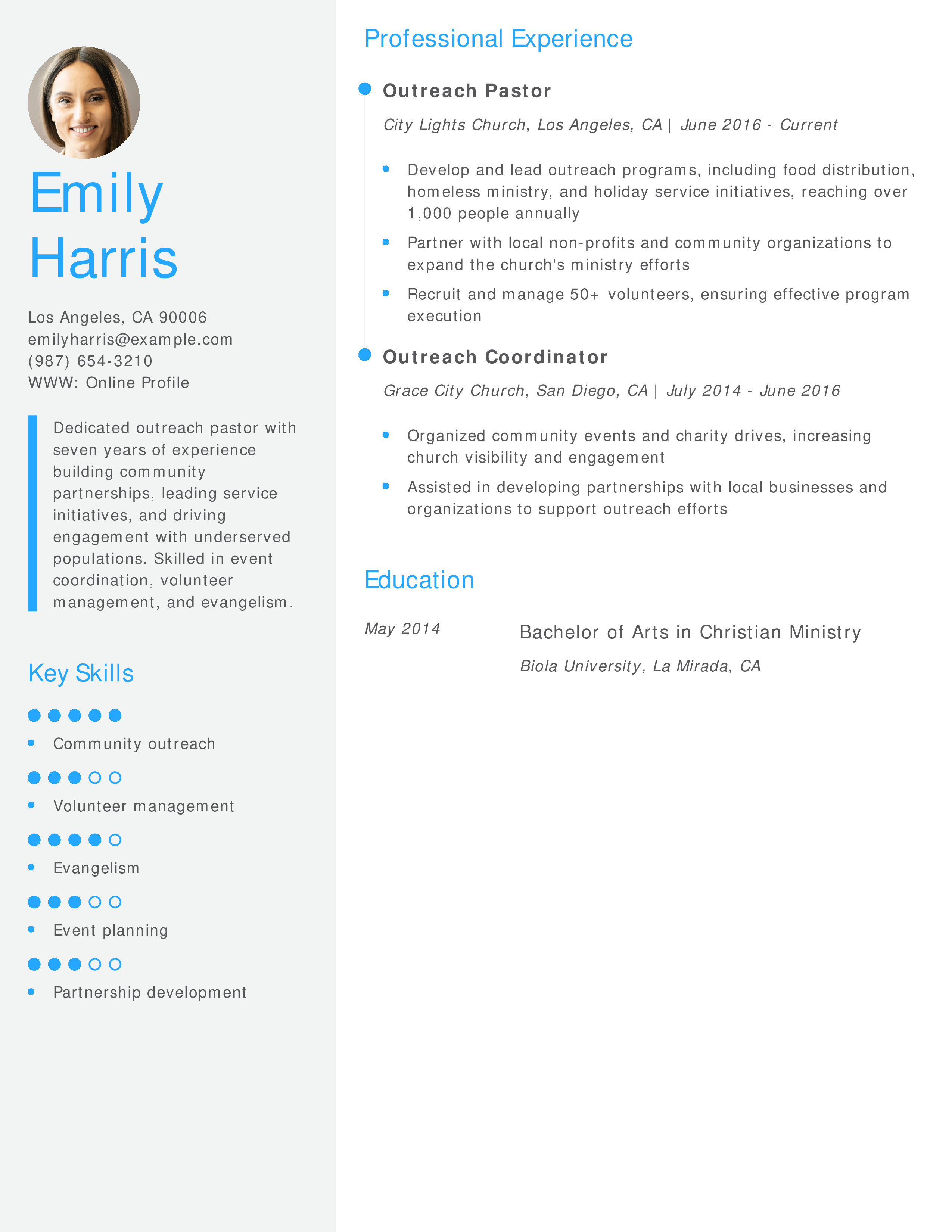 Outreach Pastor Resume