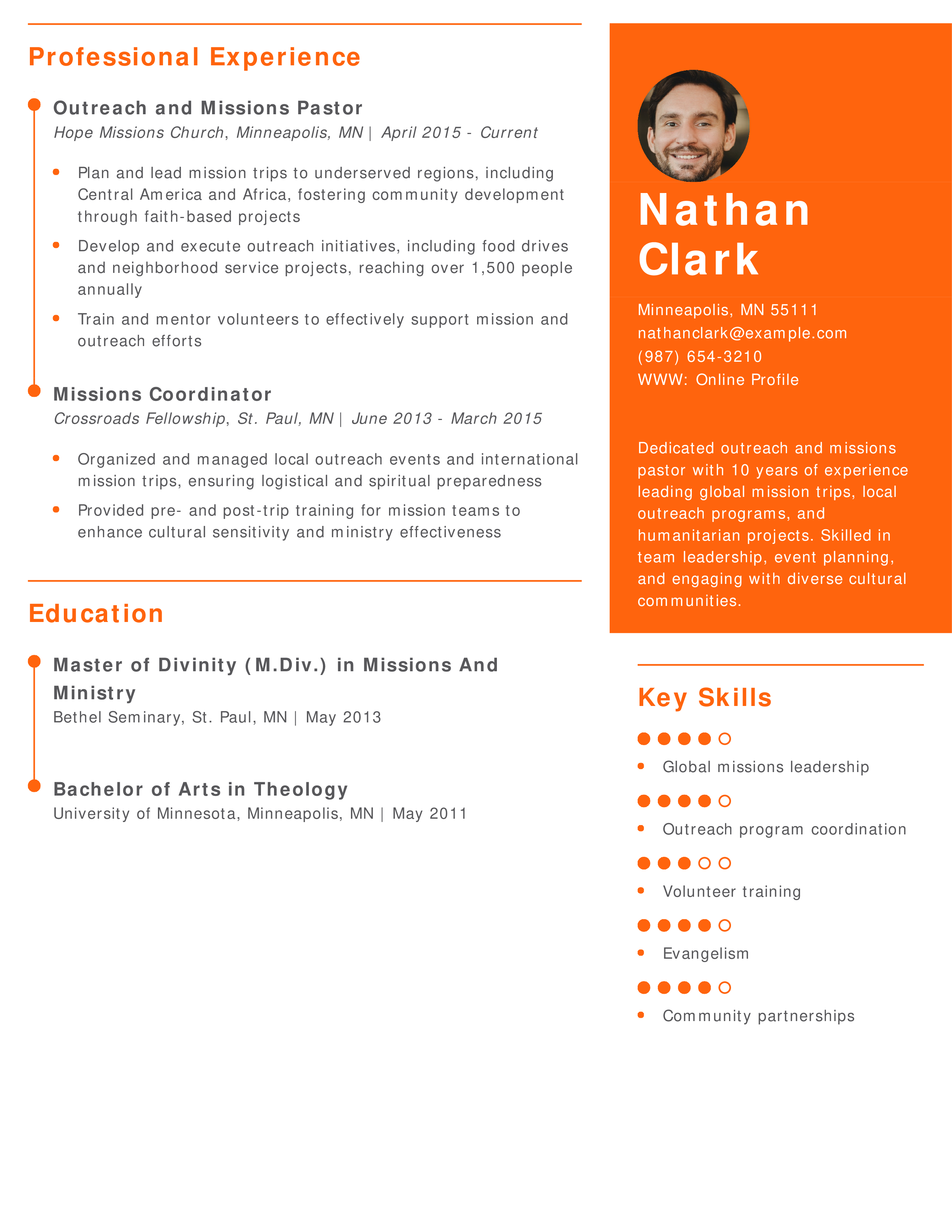 Outreach and Missions Pastor Resume