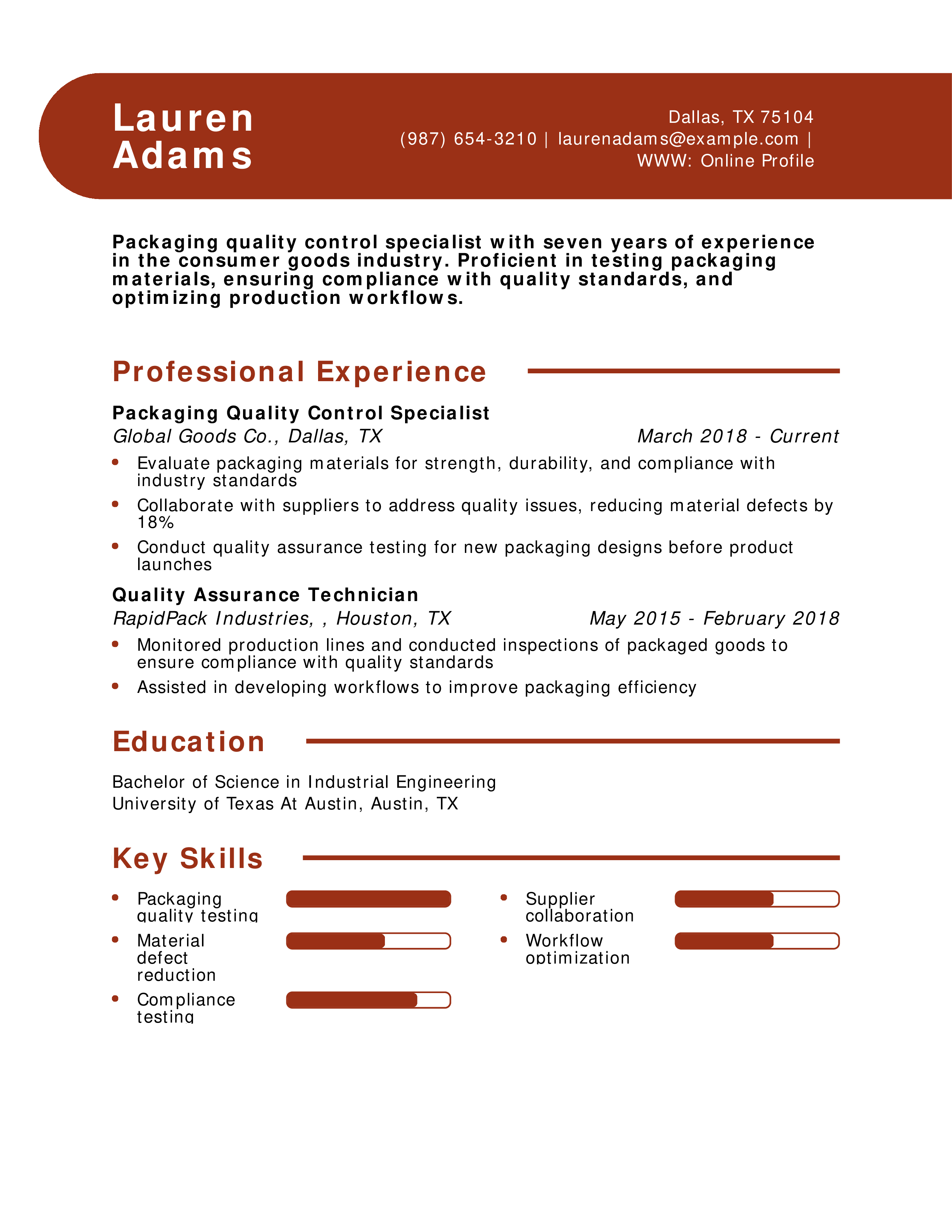 Packaging Quality Control Specialist Resume