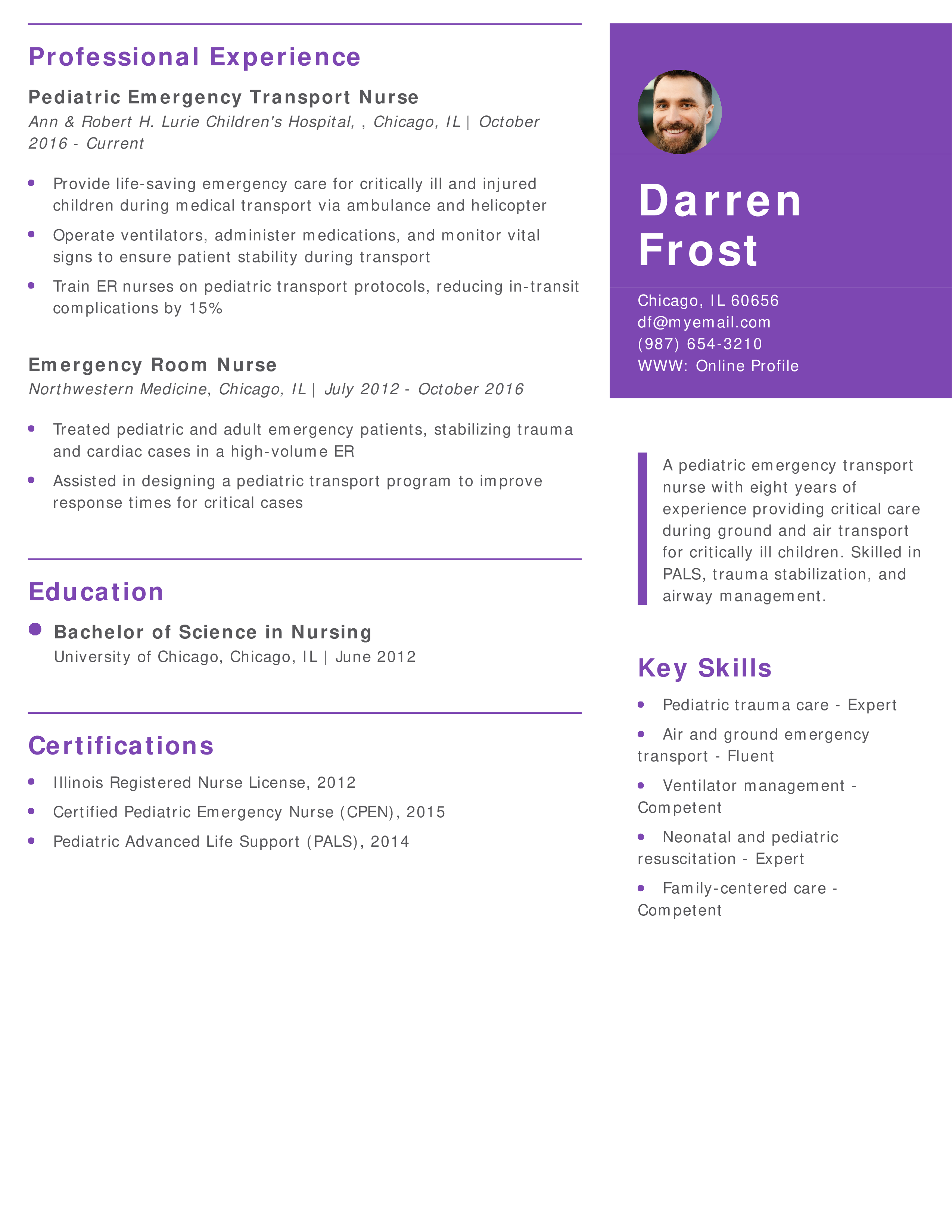 Pediatric Emergency Transport Nurse Resume