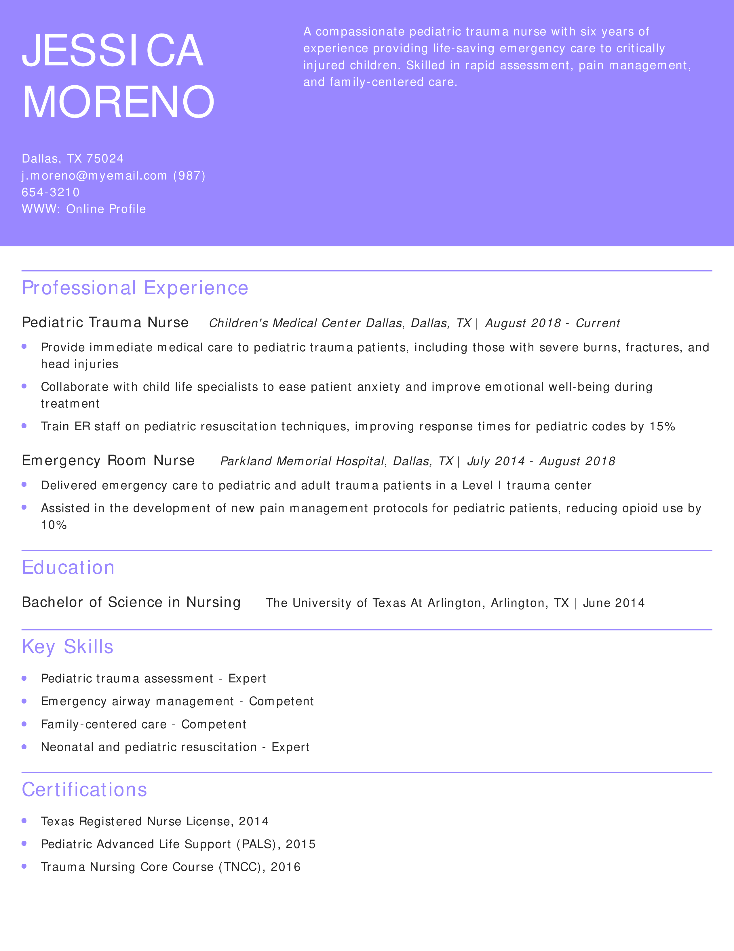 Pediatric Trauma Nurse Resume