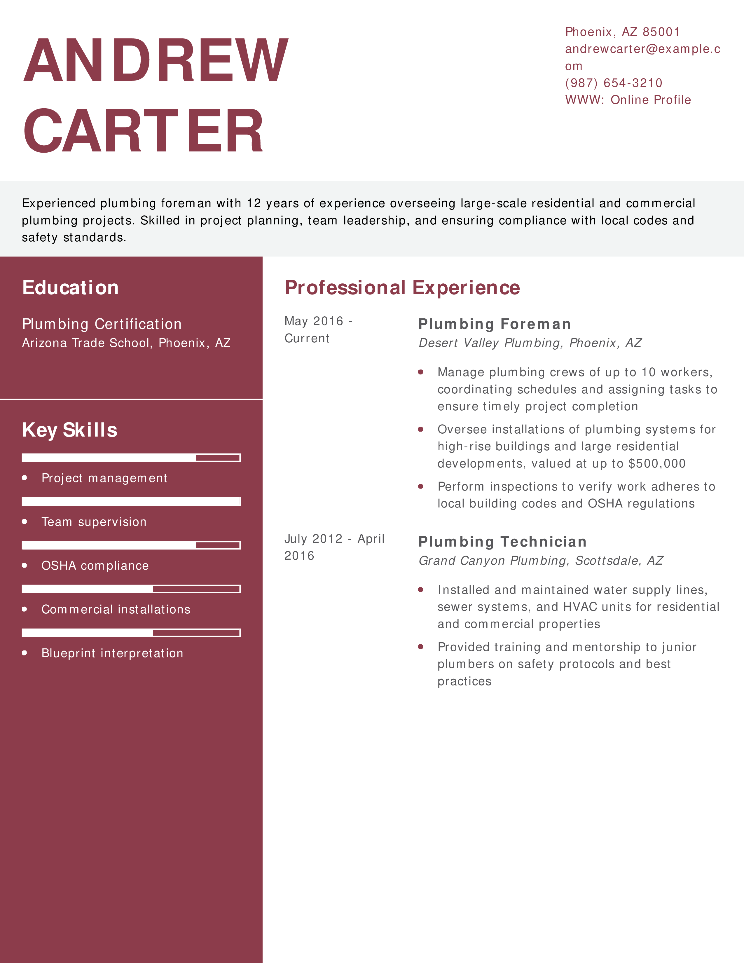 Plumbing Foreman Resume
