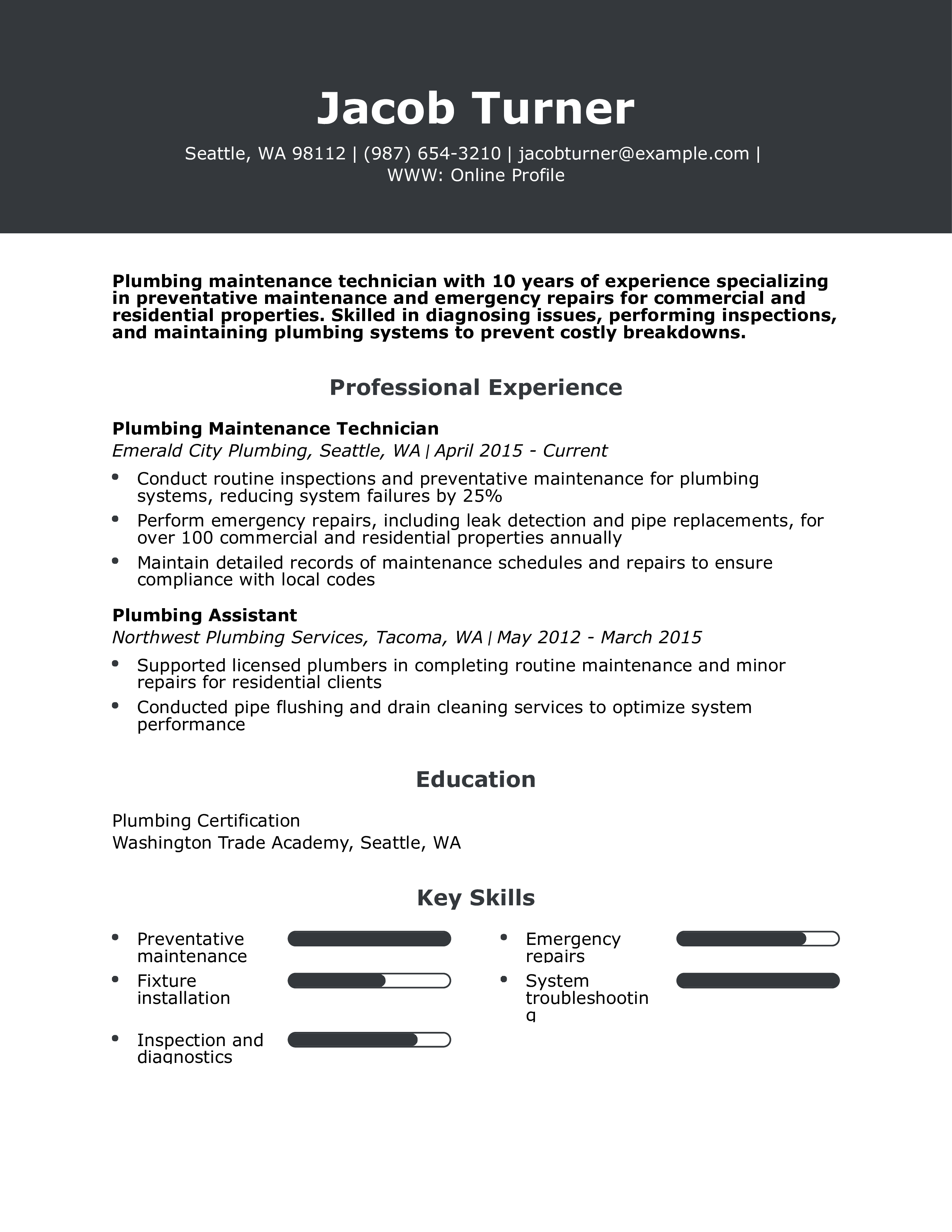 Plumbing Maintenance Technician Resume