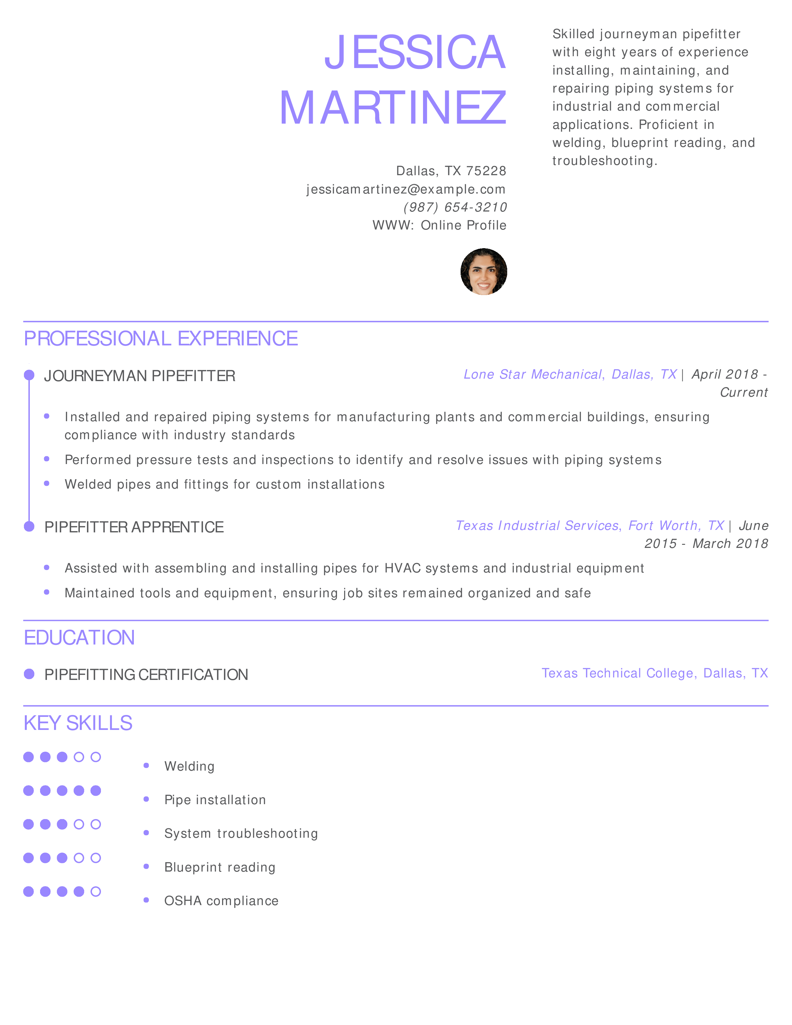 Plumbing Pipefitter Resume