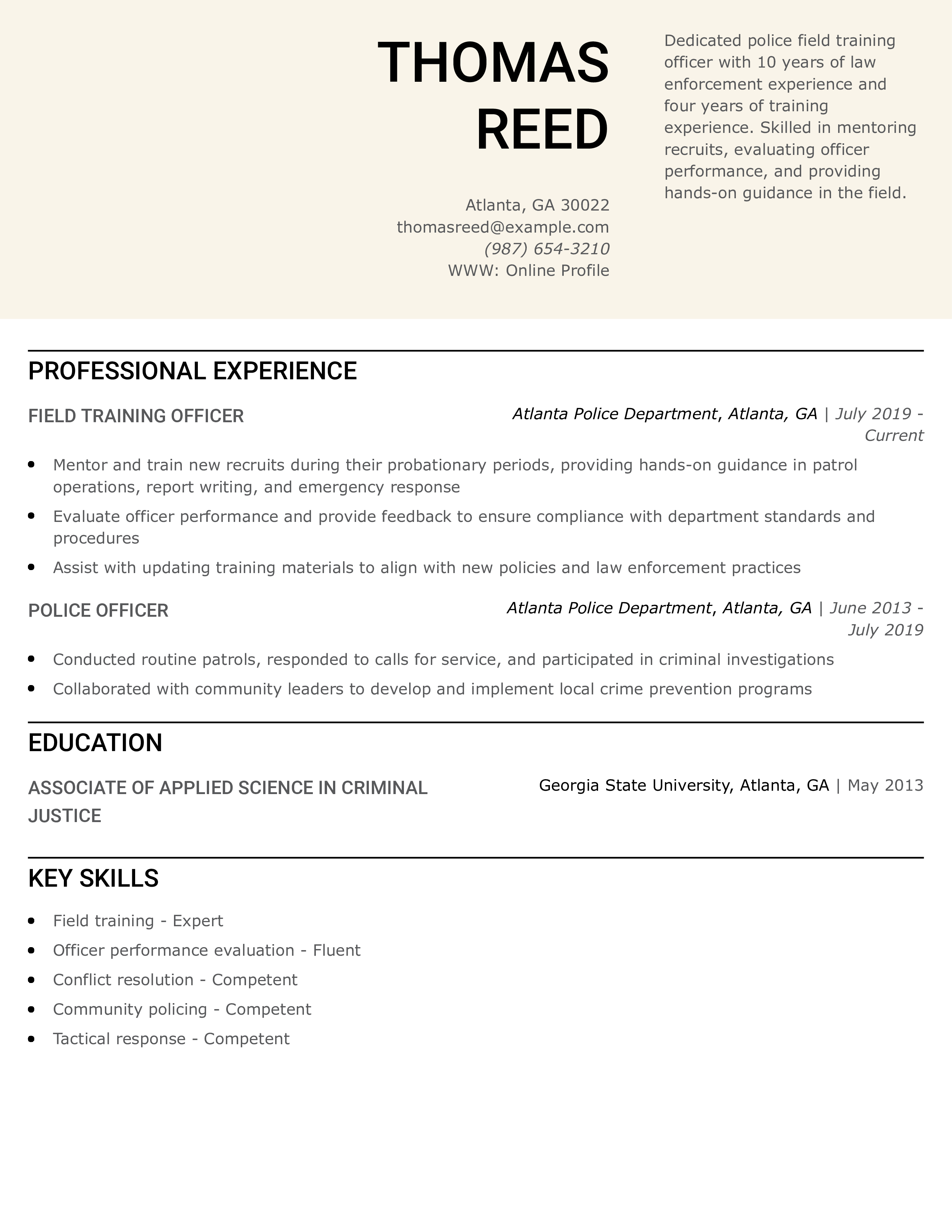 Police Field Training Officer Resume