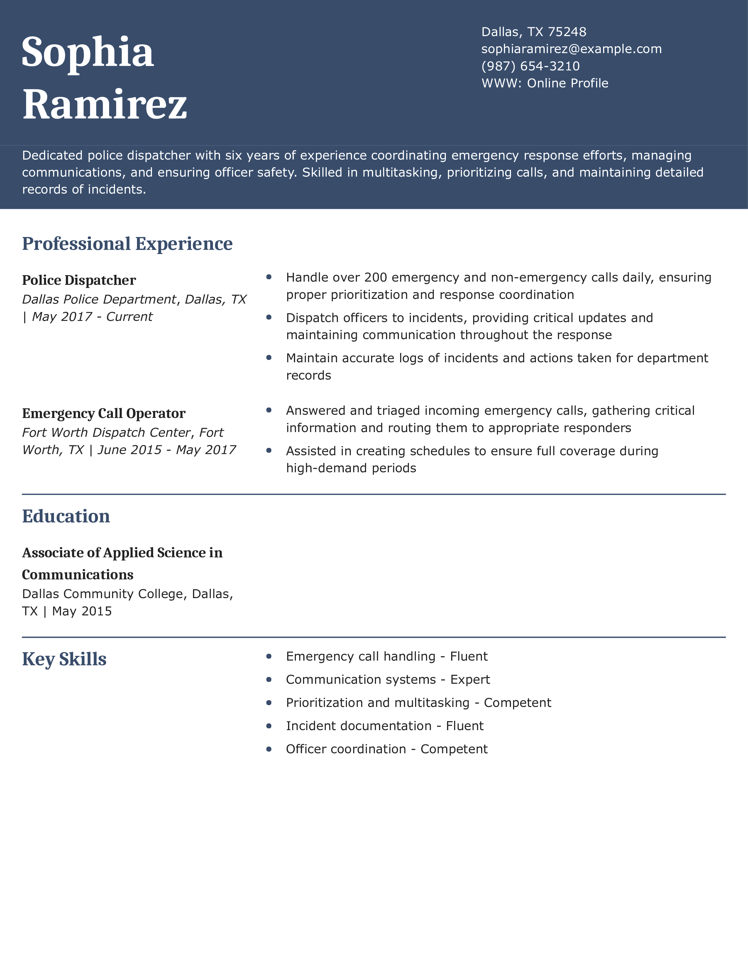 Police Dispatcher Resume