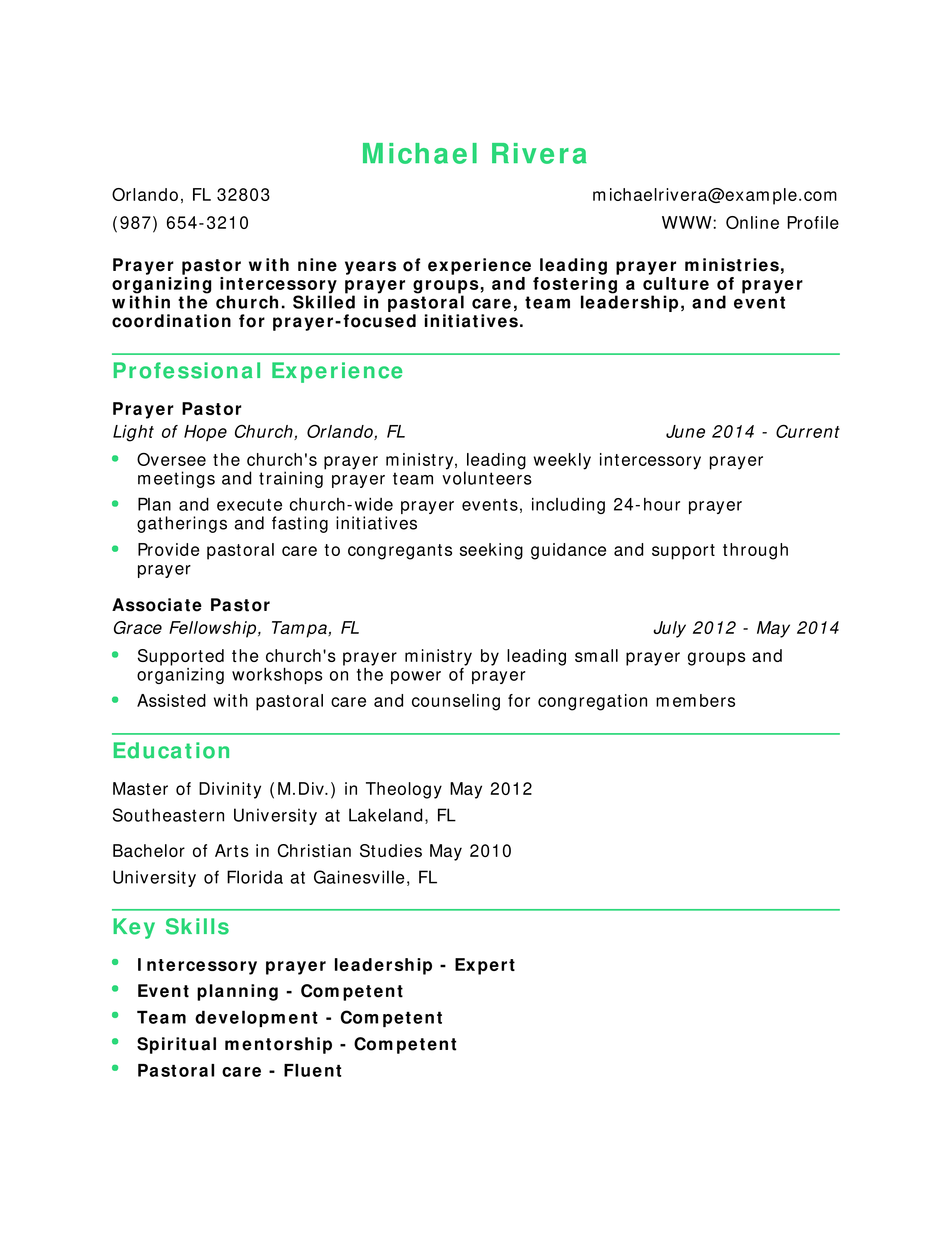 Prayer Pastor Resume