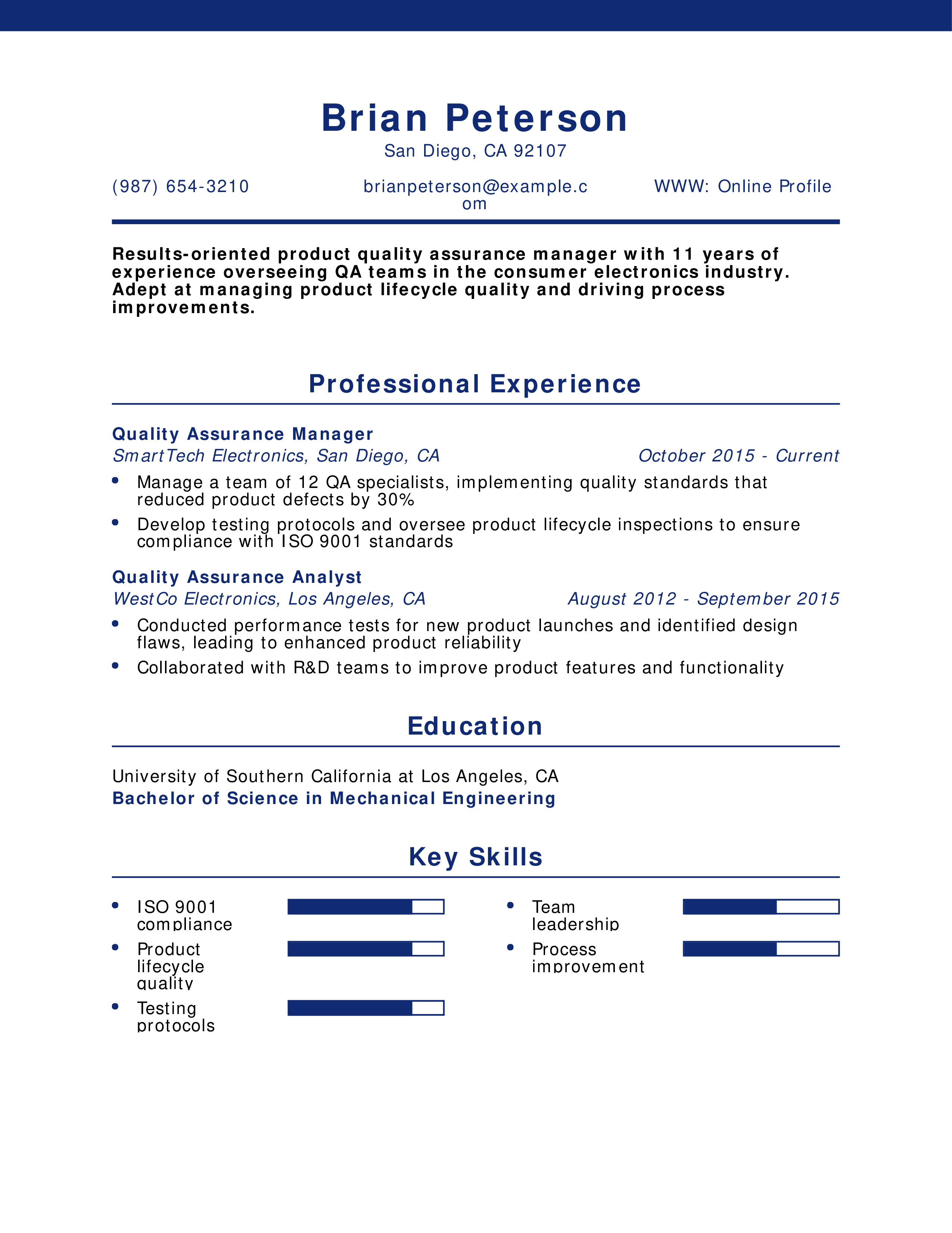 Product Quality Assurance Manager Resume