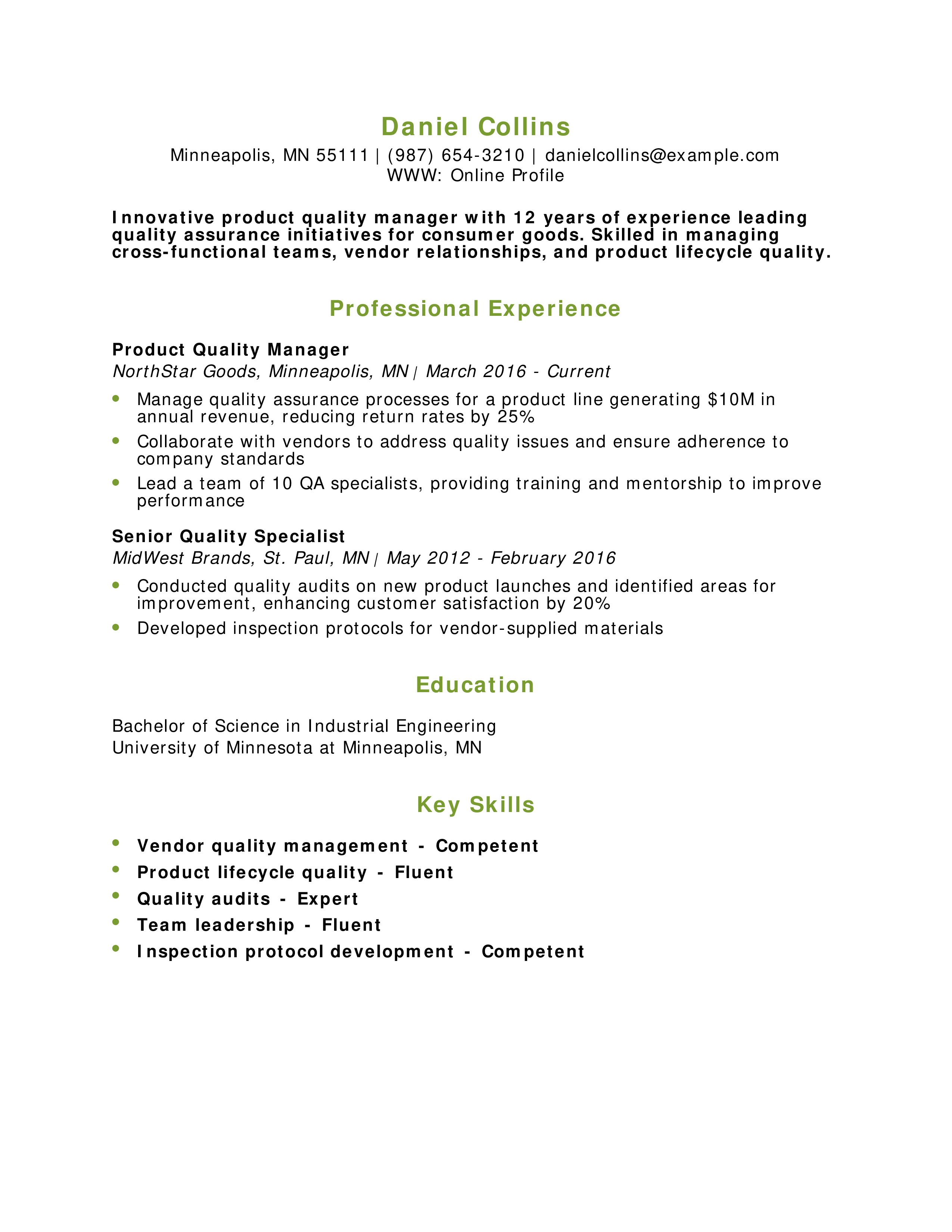 Product Quality Manager Resume