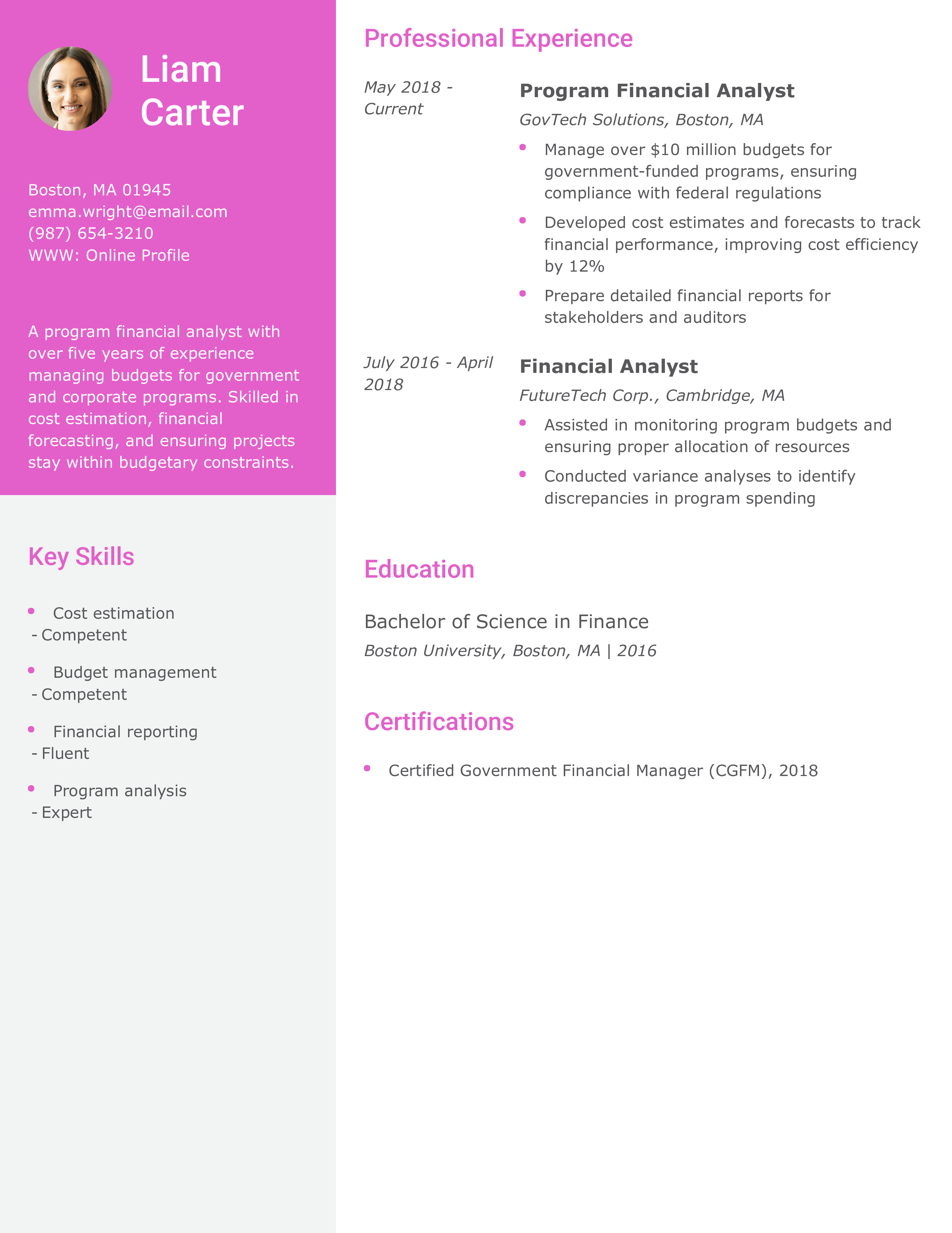 Program Financial Analyst Resume