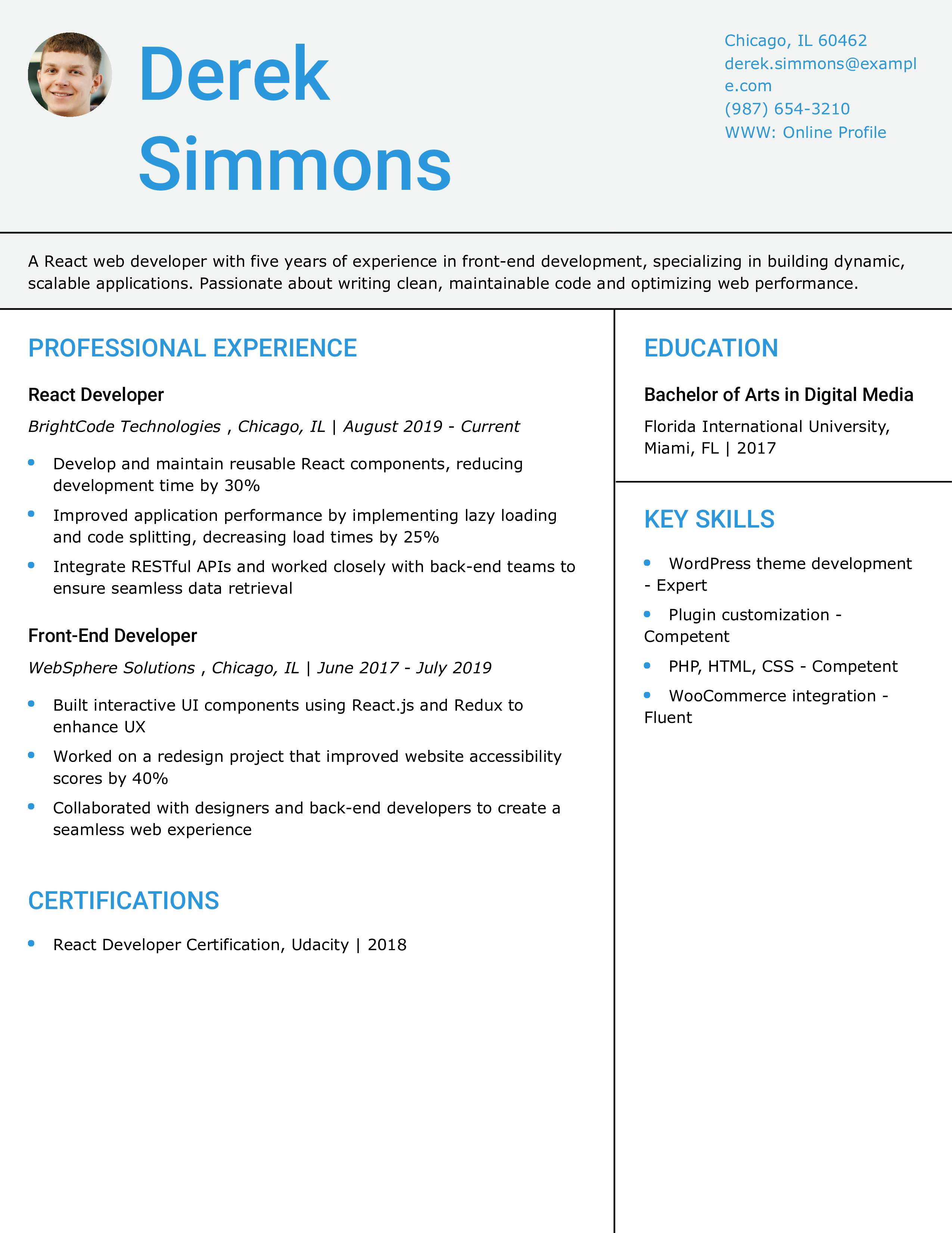 React Web Developer Resume